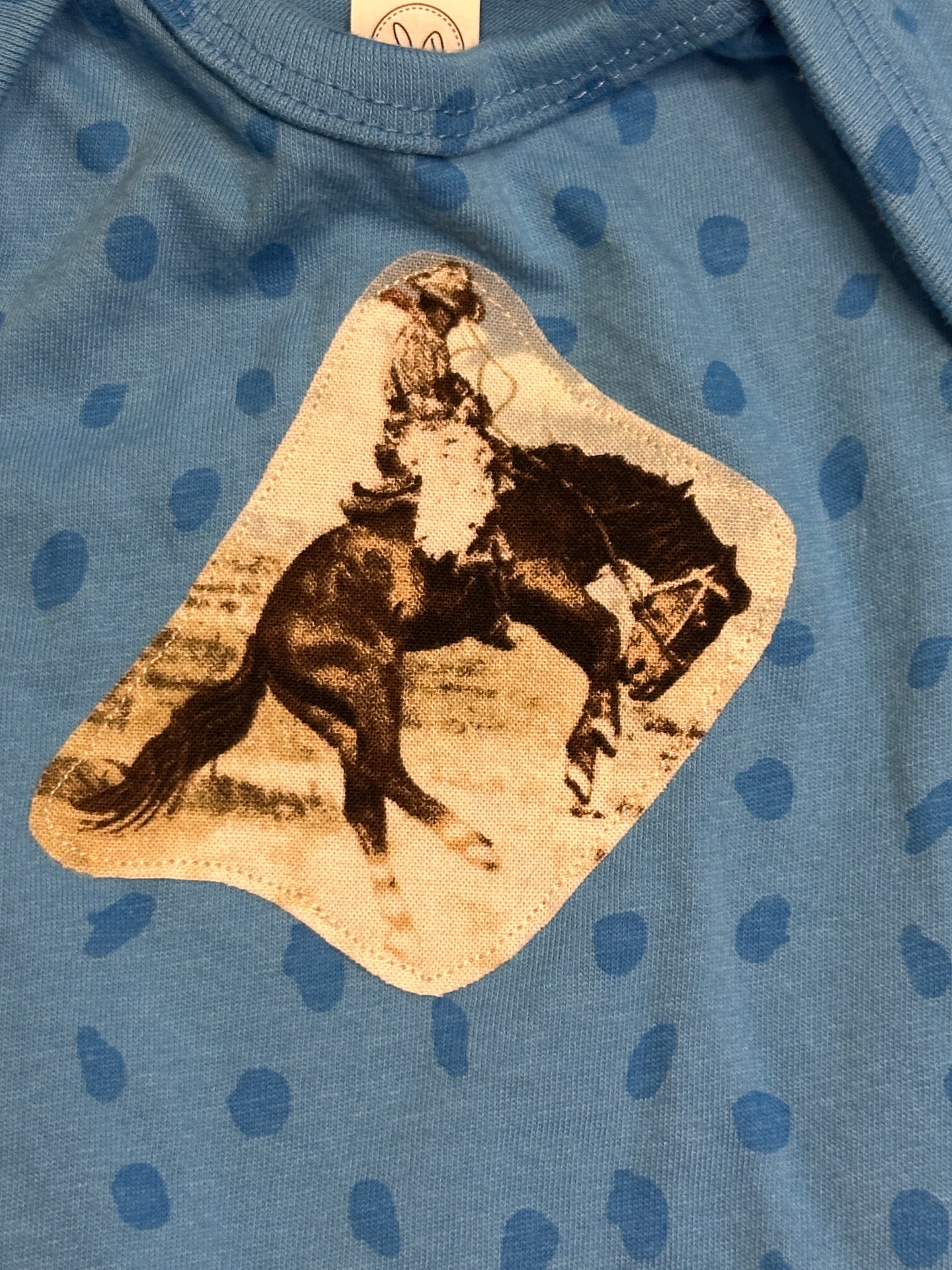Vintage Bronc on Blue Spotted Onesie, Size 6 mons.