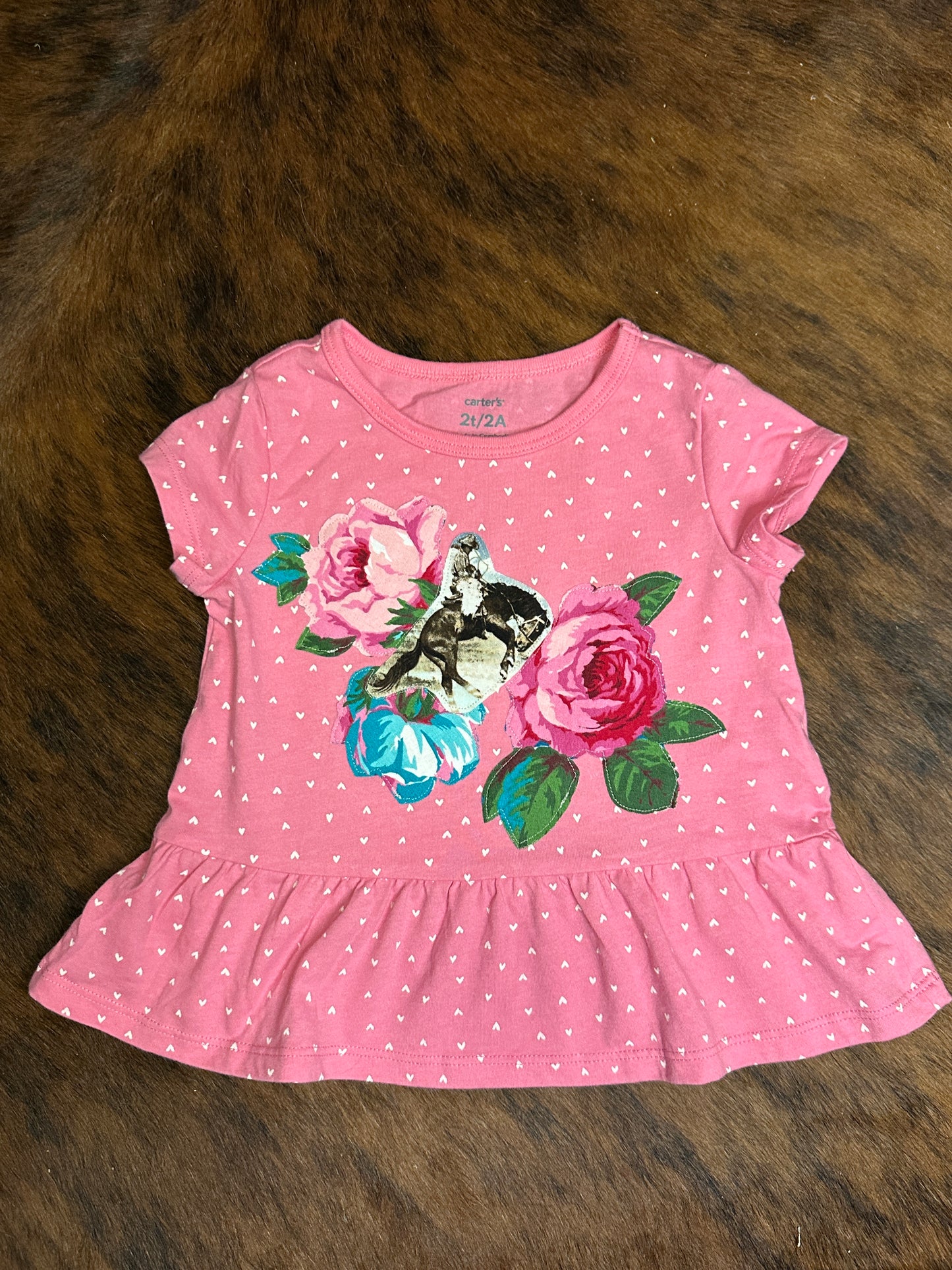 Heart Print Pink Peplum Top with Bronc & Roses, Size 2T