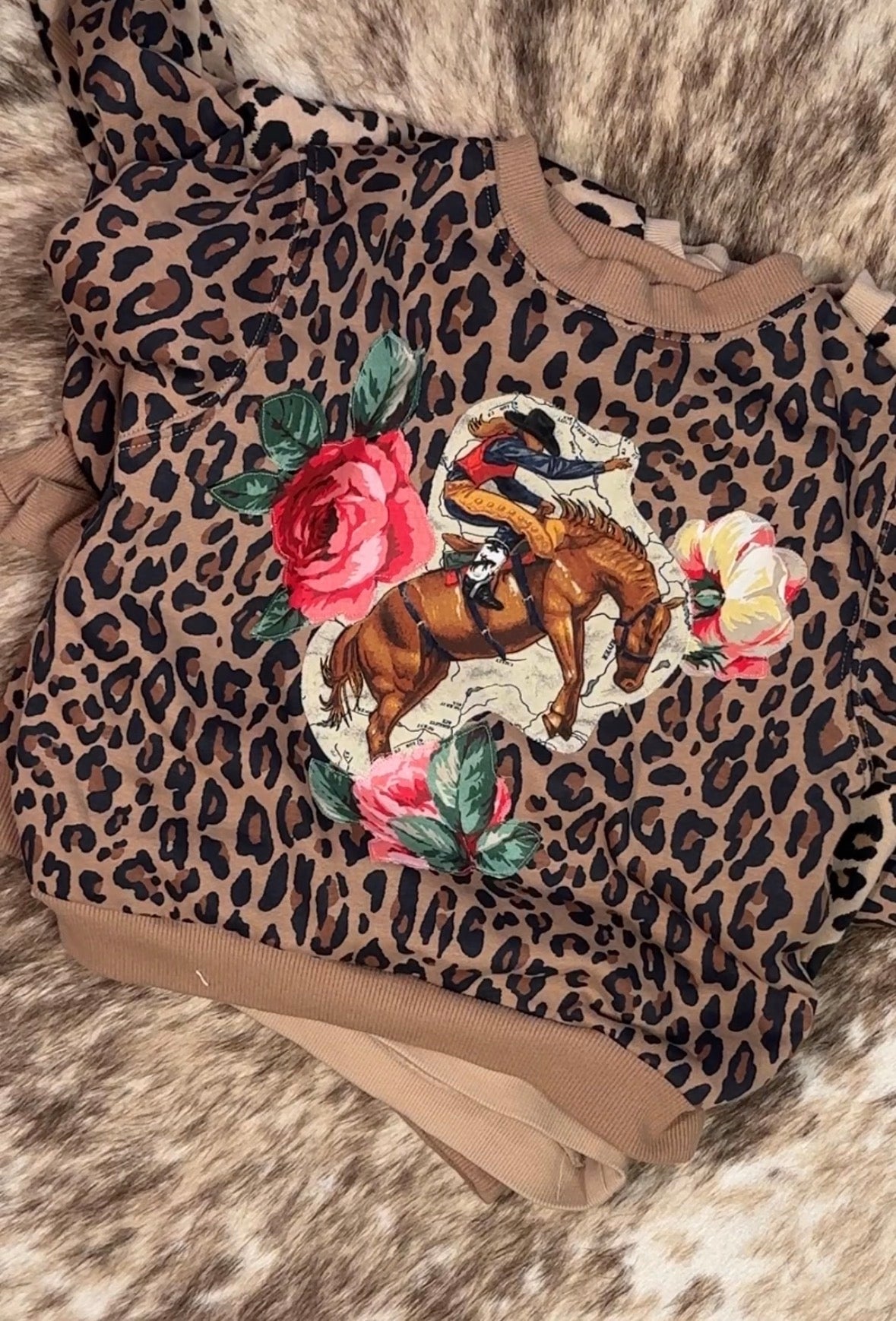 Saddle Bronc Rider & Roses on Leopard Sweatshirt, Size 5T