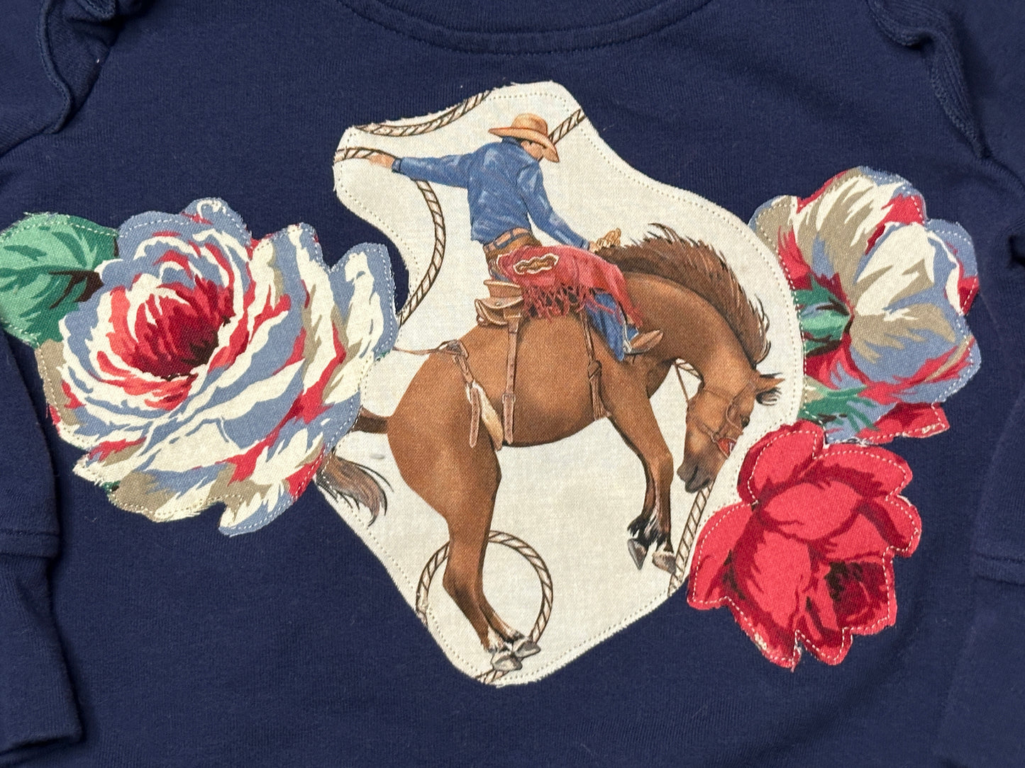 Navy Shoulder Ruffle Bronc & Roses Sweatshirt, Size 18-24 mons.