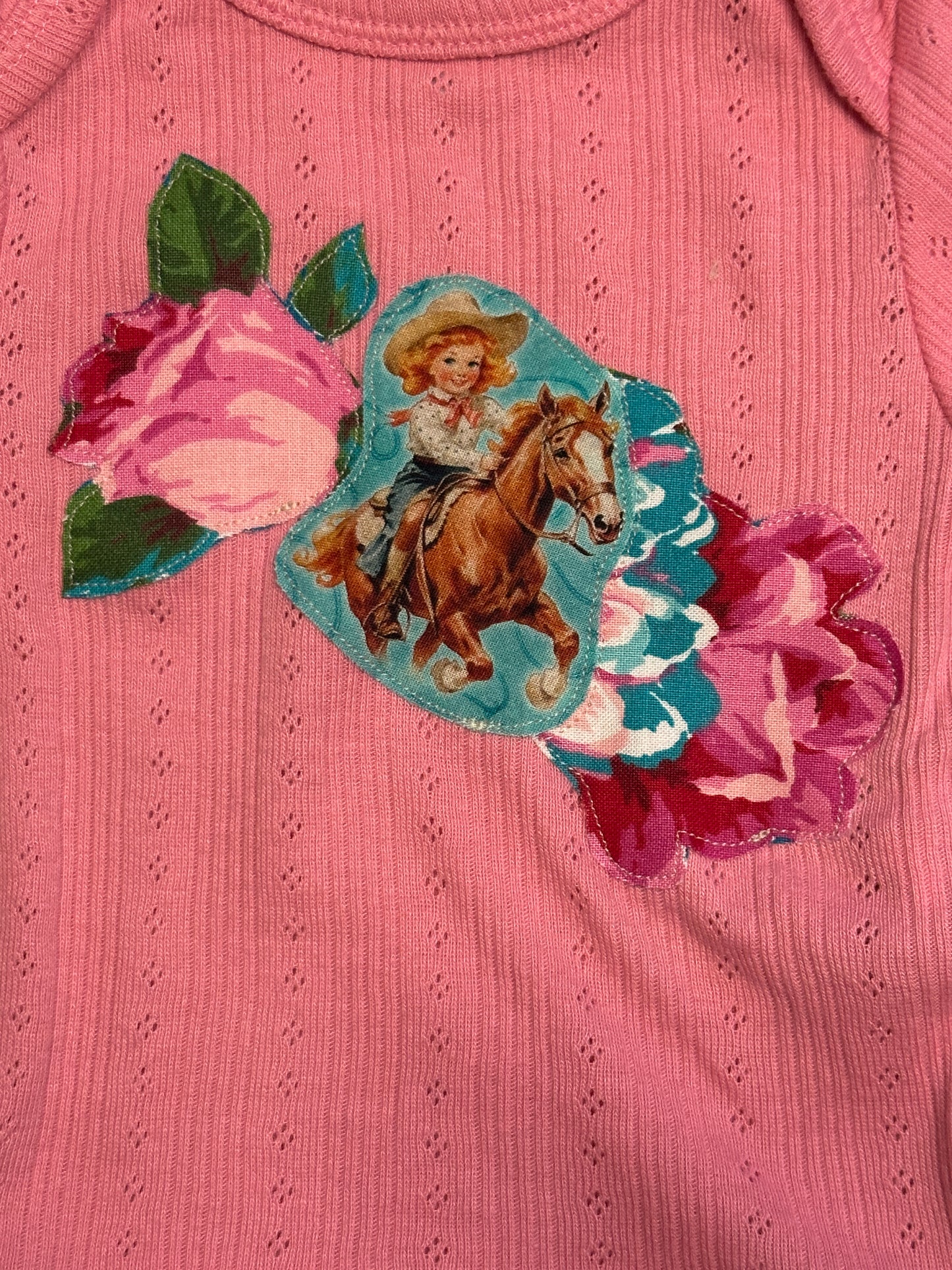 Hot Pink Pointelle Onesie with Turquoise Cowgirl & Roses, Size 3-6 mons.