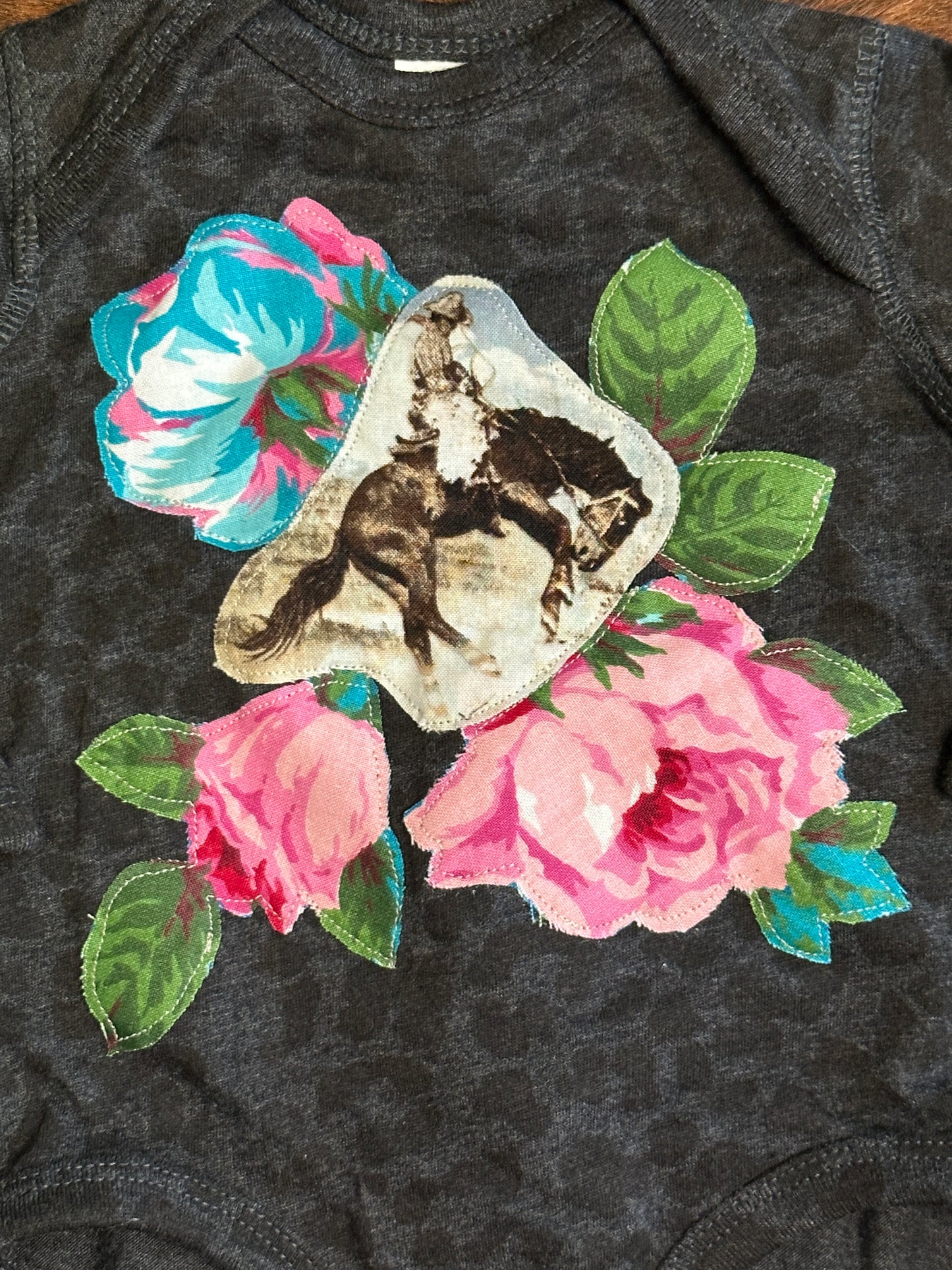 Bronc & Bright Roses on Black Leopard with Long Sleeves, Size 6 mons.
