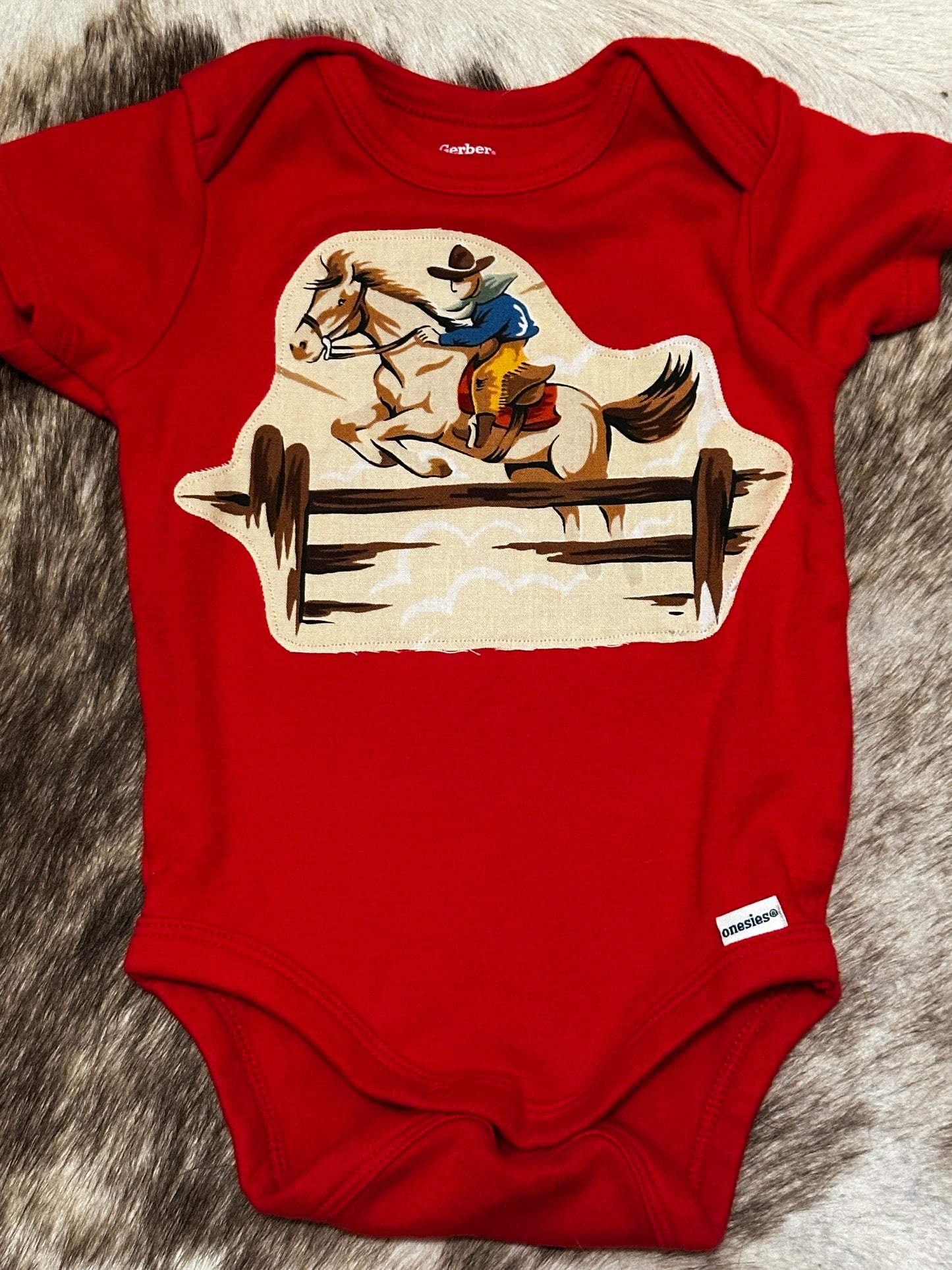 Red Ranch Print with Chuckwagon back, Size 3-6 mons.