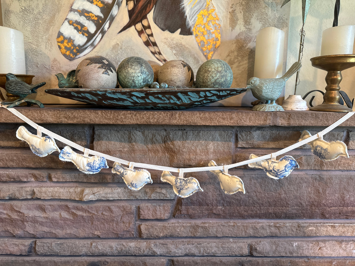 Blue Toile Spring Easter Birds Garland, 6 ft.