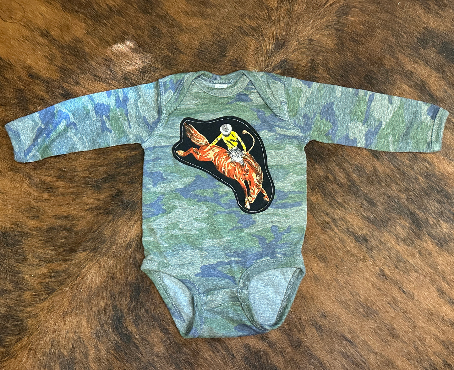 Bronc Rider on Camo Long Sleeved Onesie, Size 6 mons.