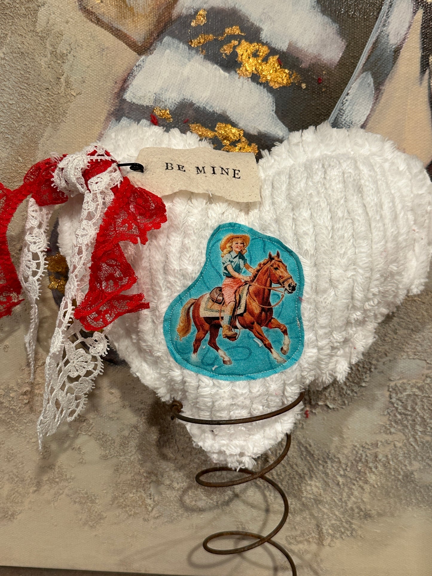 WHITE Chenille Plushie Cowgirl Heart #2