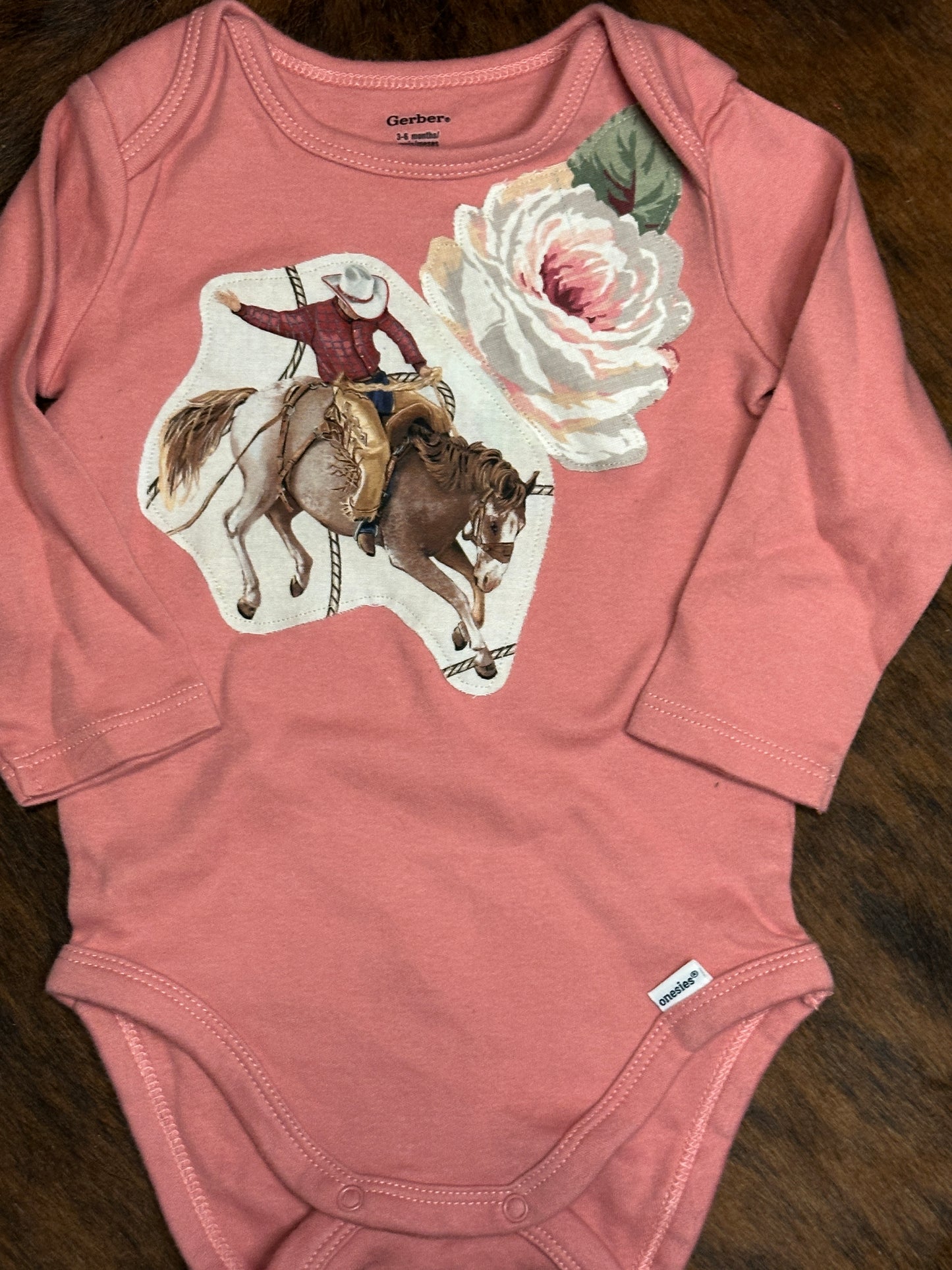 Bronc & Rose Onesie on Perfect Pink Long Sleeve, Size 3-6 mons.