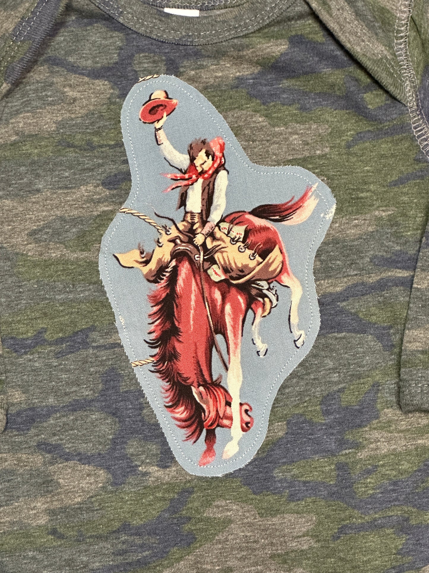 Bronc Buster on Camo Long Sleeve Onesie, Size 12 mons.