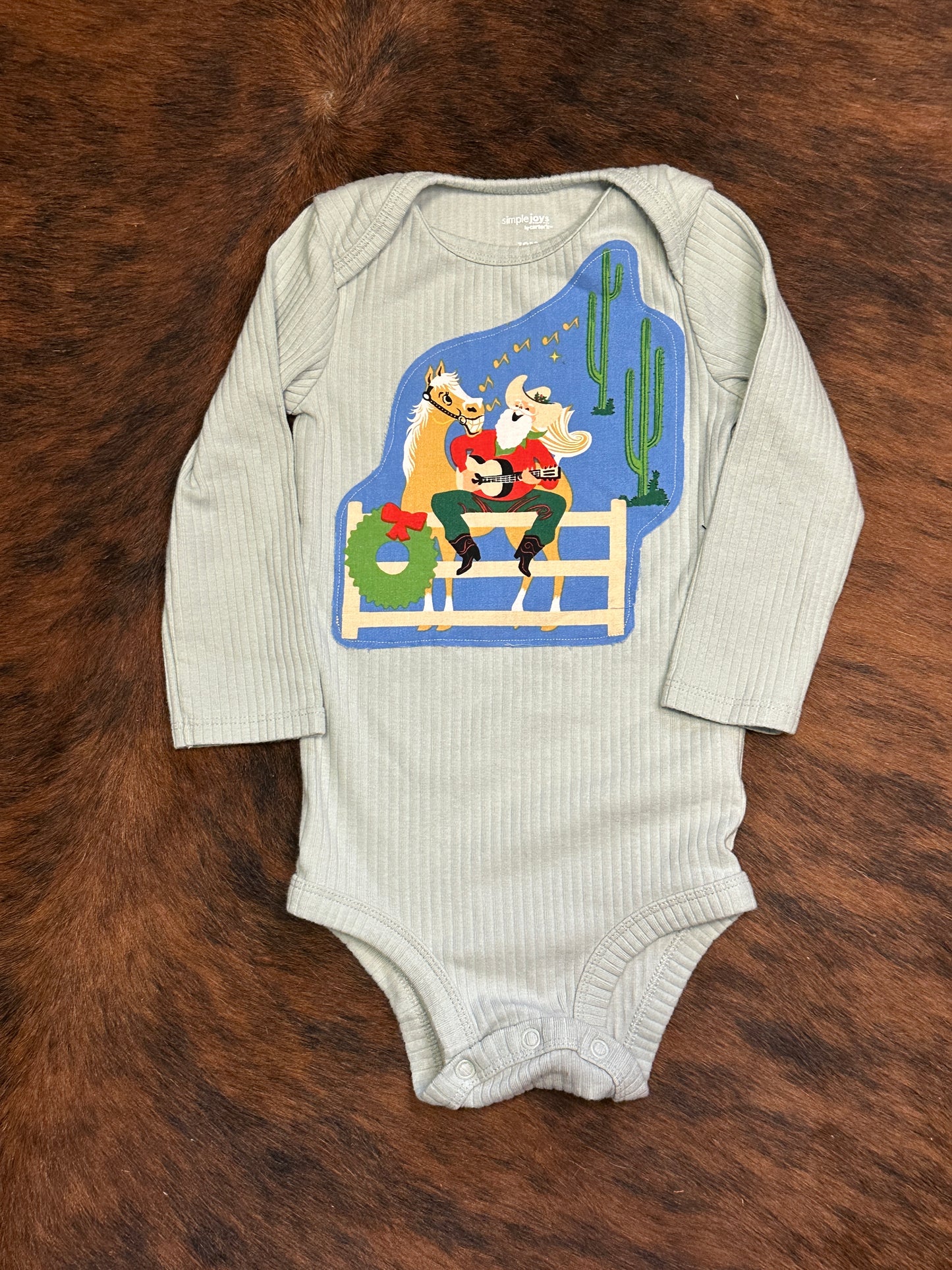 Singing Santa on Light Blue Ribbed Long Sleeve Onesie, Size 18 mons.