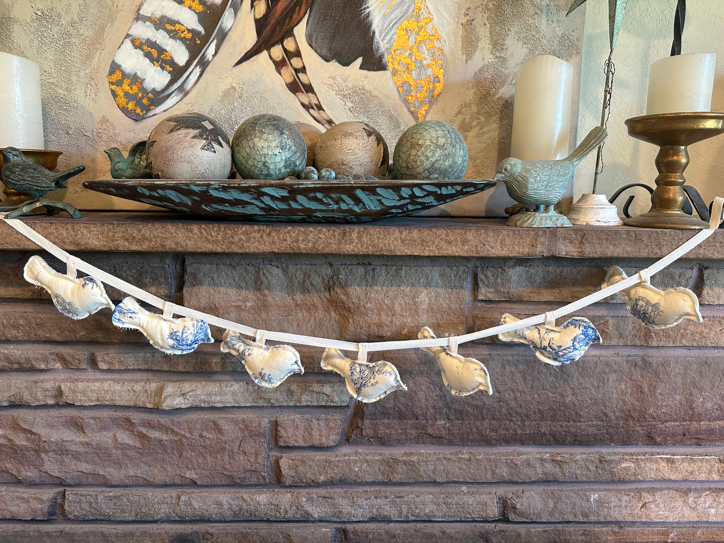 Blue Toile Spring Easter Birds Garland, 6 ft.
