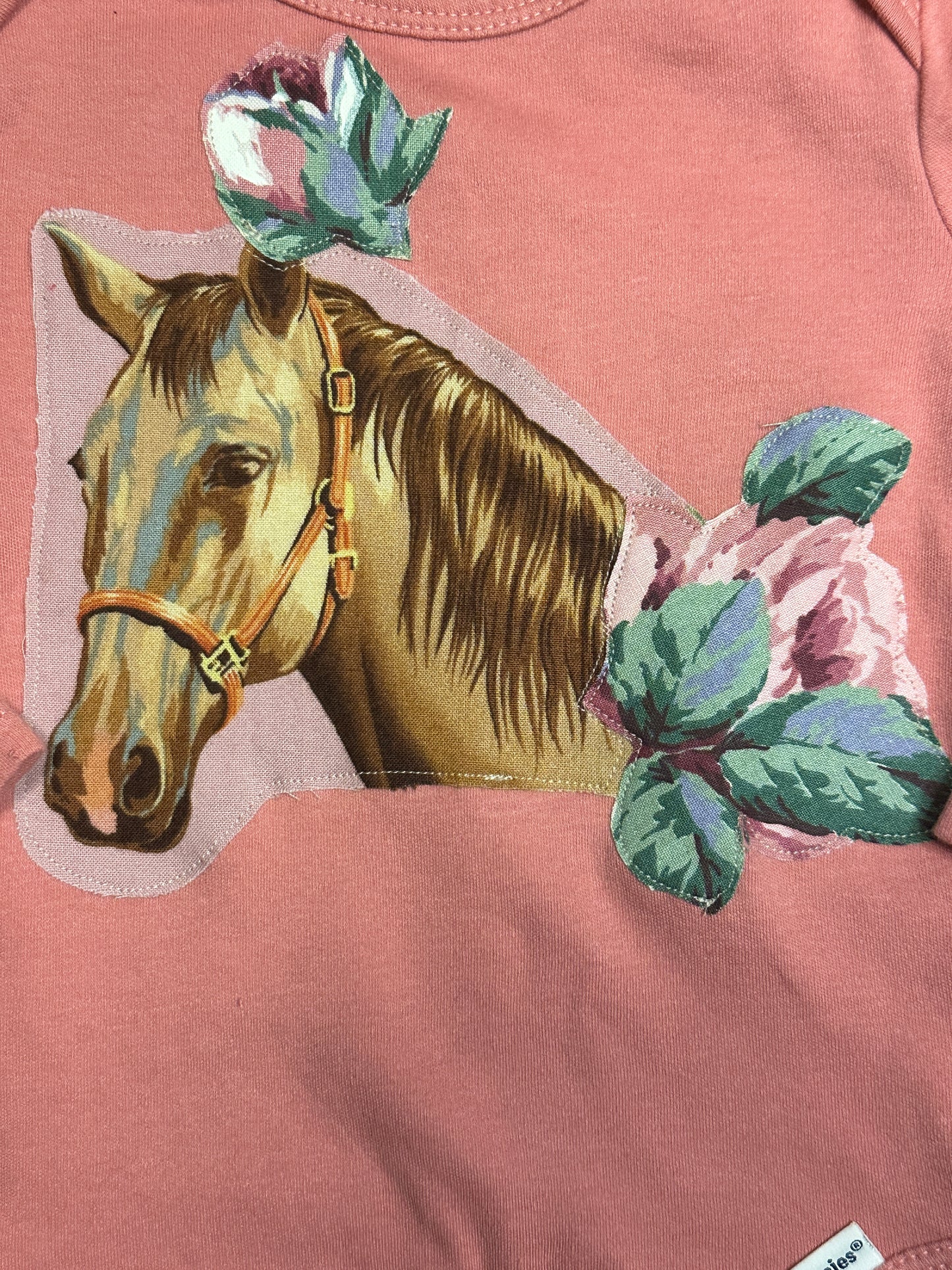 Horse & Rose Long Sleeve Pink Onesie, Size 3-6 mons.