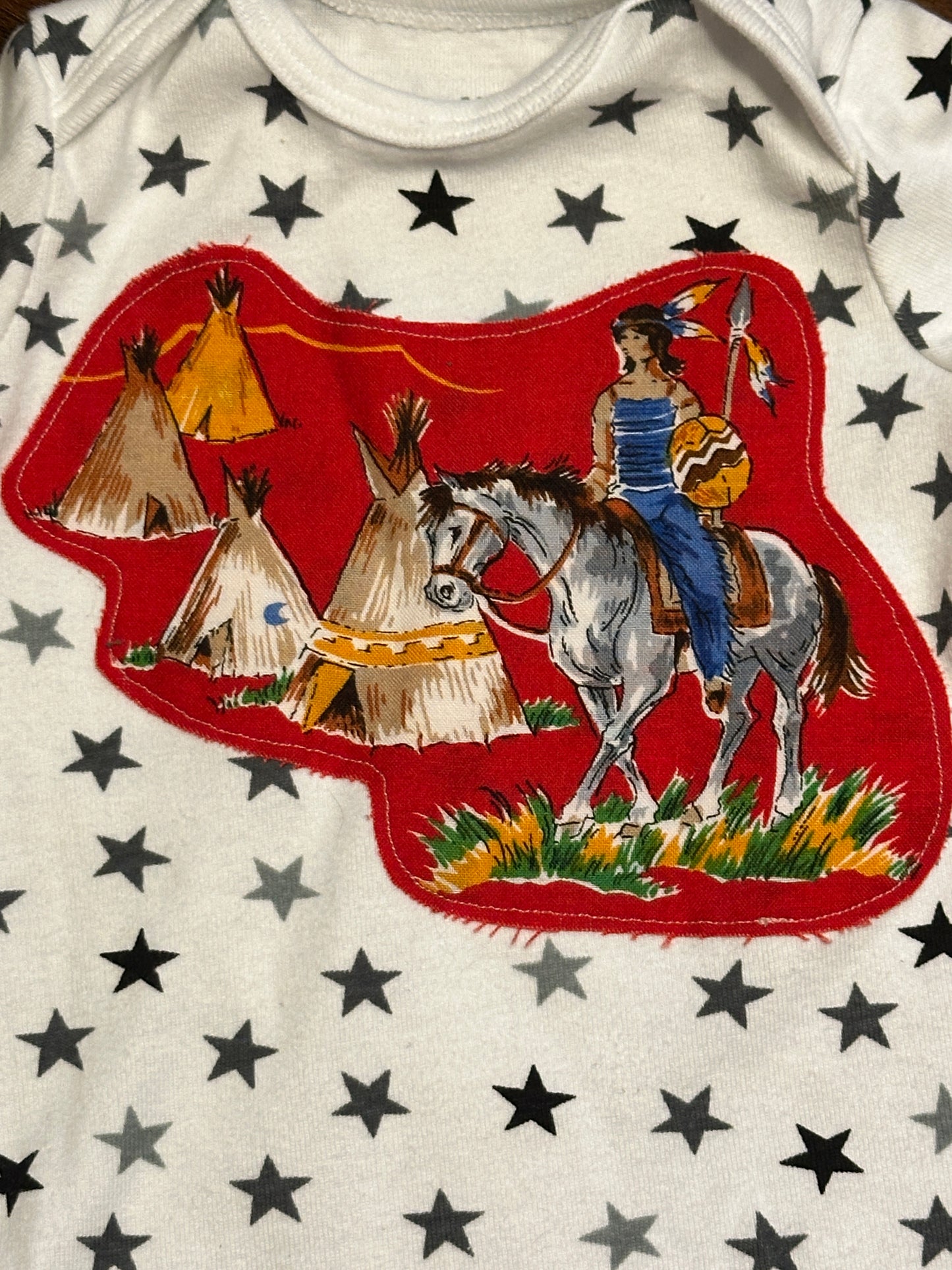 Native Scout & Tepees on All Over Star Print Onesie, Size 3-6 mons.