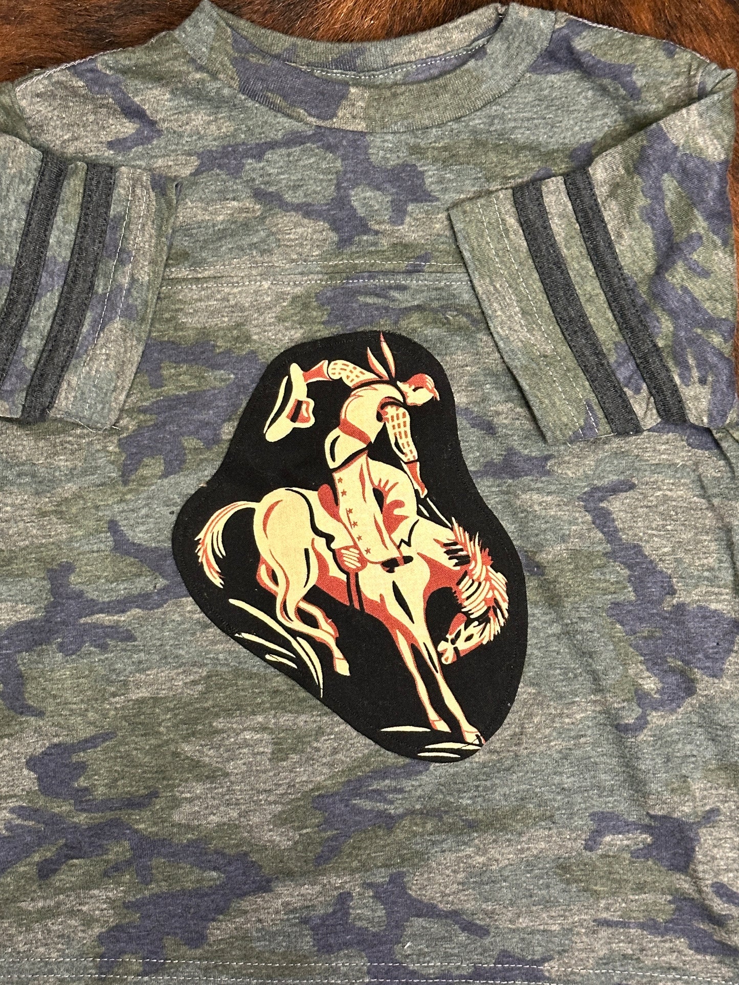 Vintage Bronc on Camo Football Tee, Size 2T