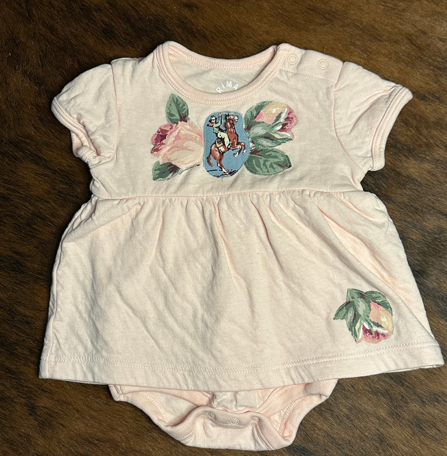 Ballerina Pink Pointelle Dress with Rearing Horse & Rose Buds, Size 0-3 mons.