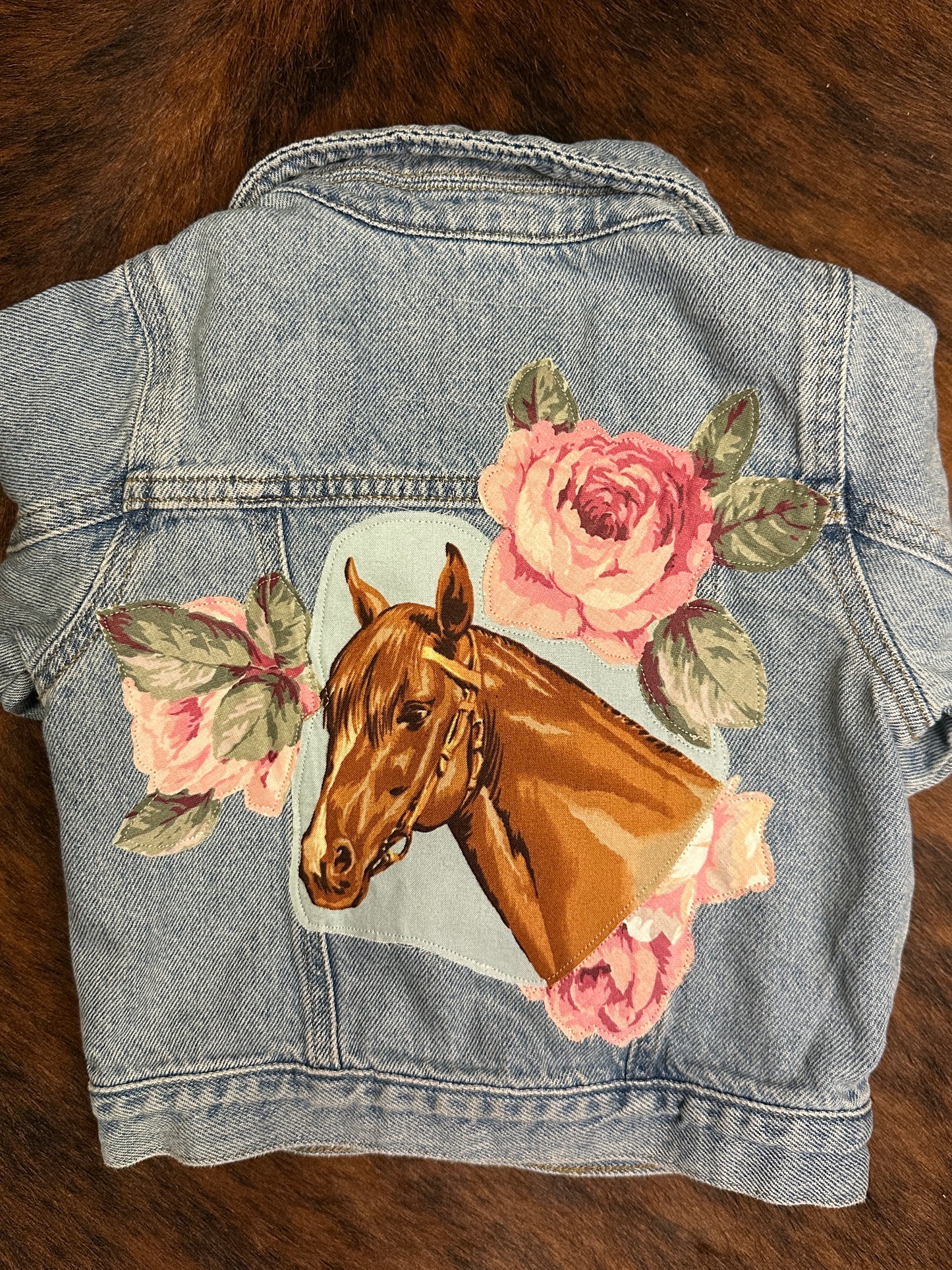 Denim Jacket with Horse Portrait and Pastel Roses, Size 18-24 mons.