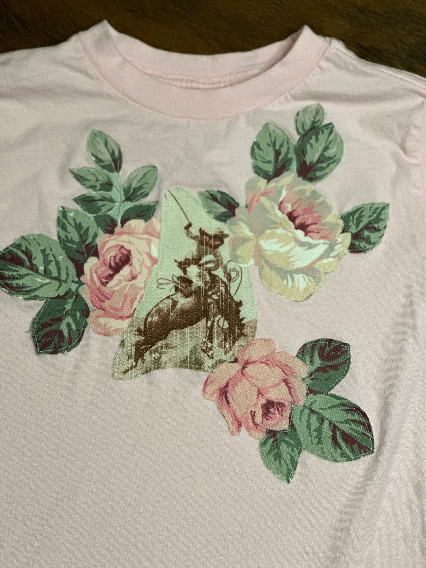 Vintage Bronc & Pastel Roses on Light Pink Tee, Size 4T
