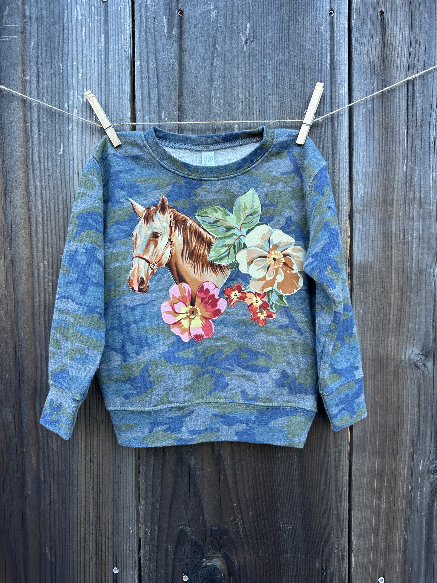 Horse and Blooms on Camo Sweatshirt, Size 4T