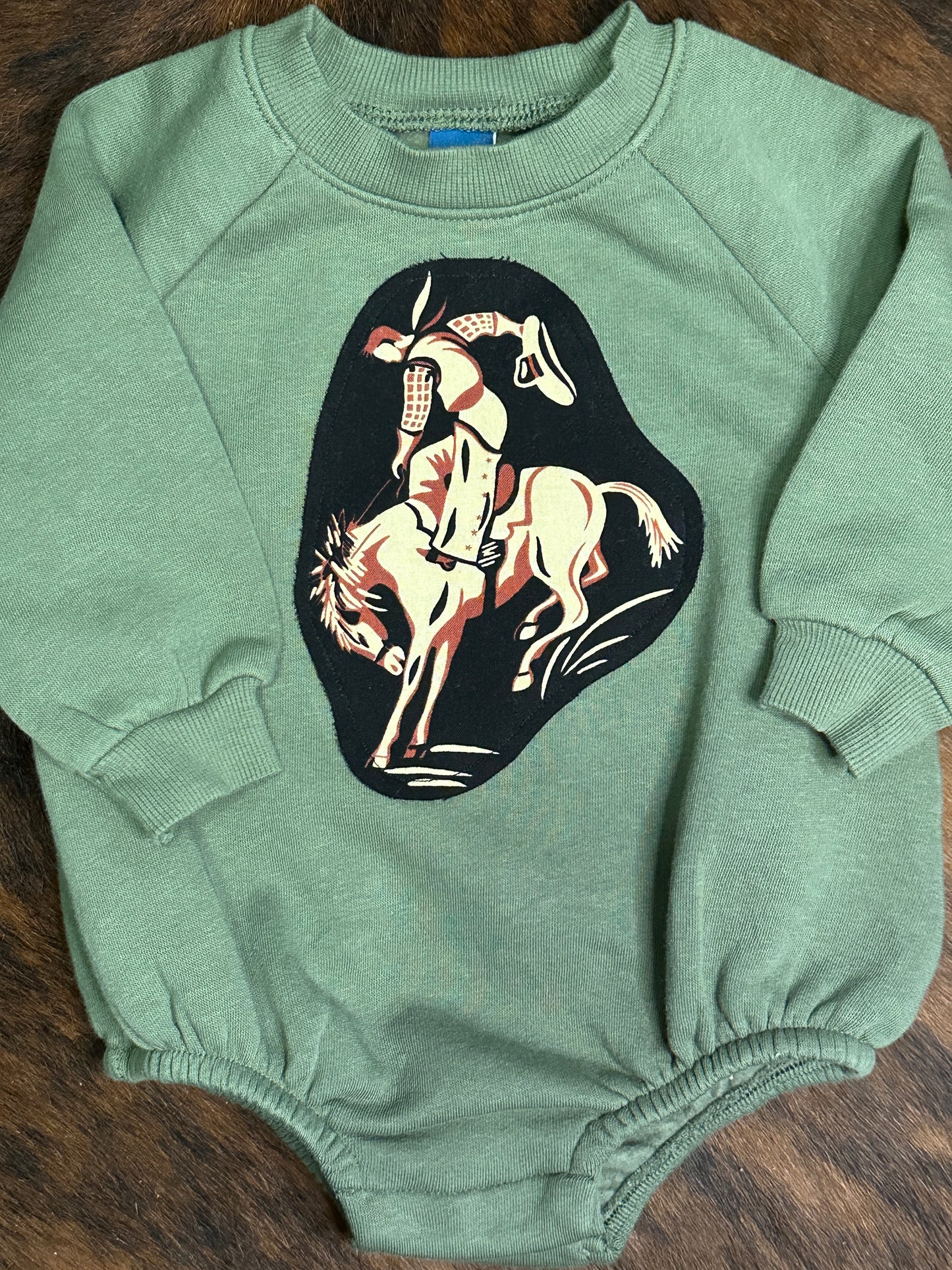 Vintage Bronc on Army Green Sweatshirt Onesie, Size 6-12 mons.
