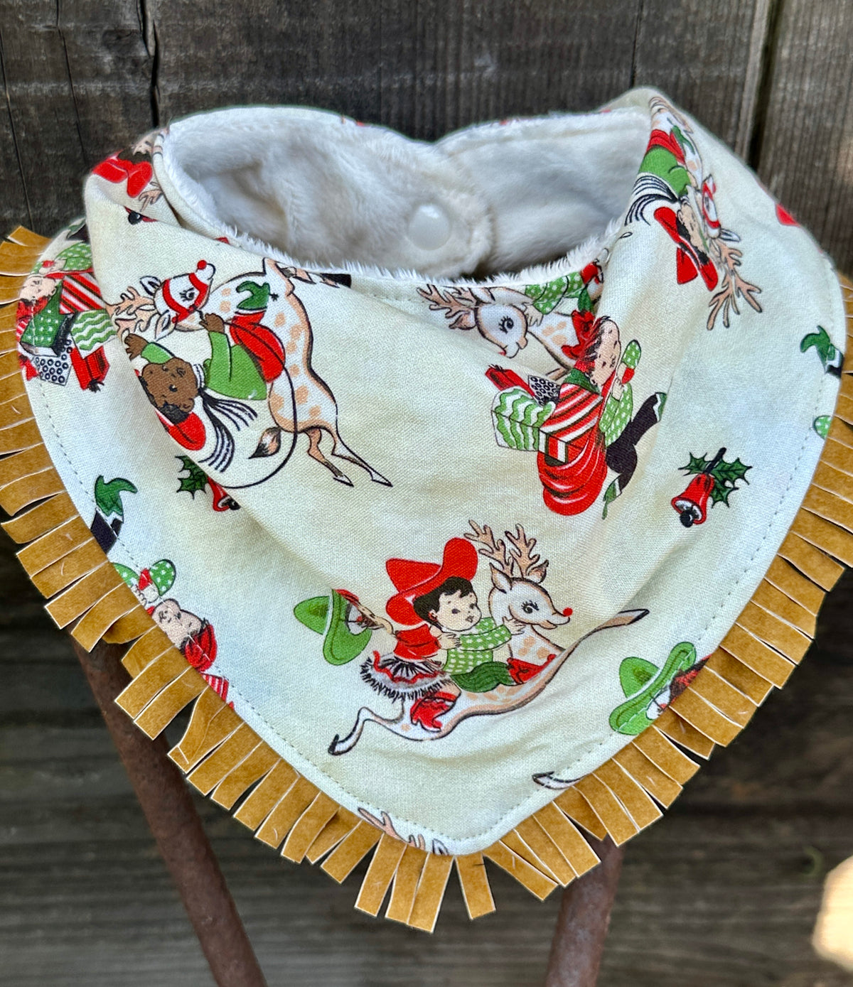 Riding Rudolph Vintage Print Christmas Bib