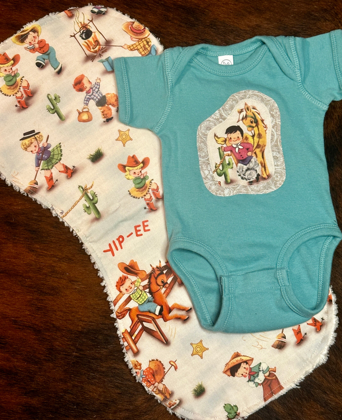 Vintage Cowboy Onesie & Burp Cloth Set, Size Newborn