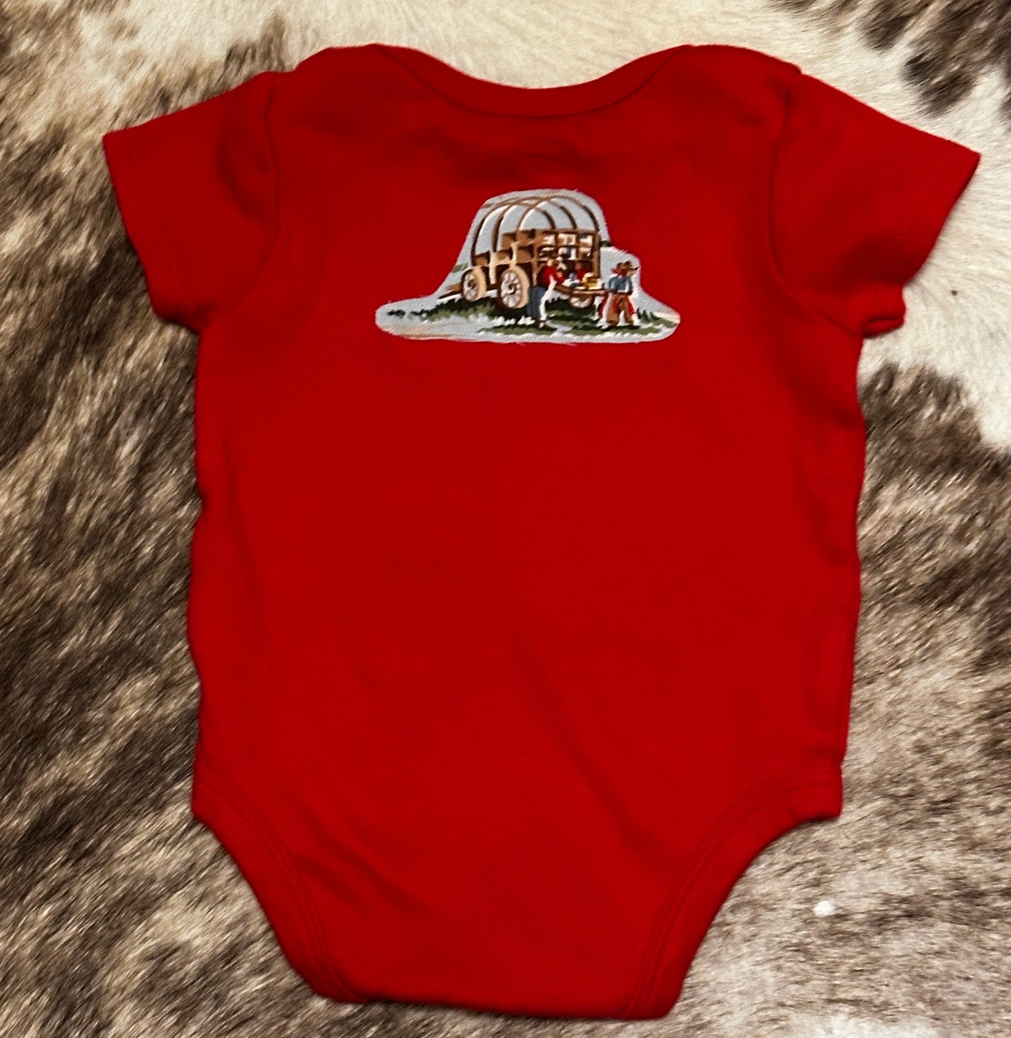 Red Ranch Print with Chuckwagon back, Size 3-6 mons.