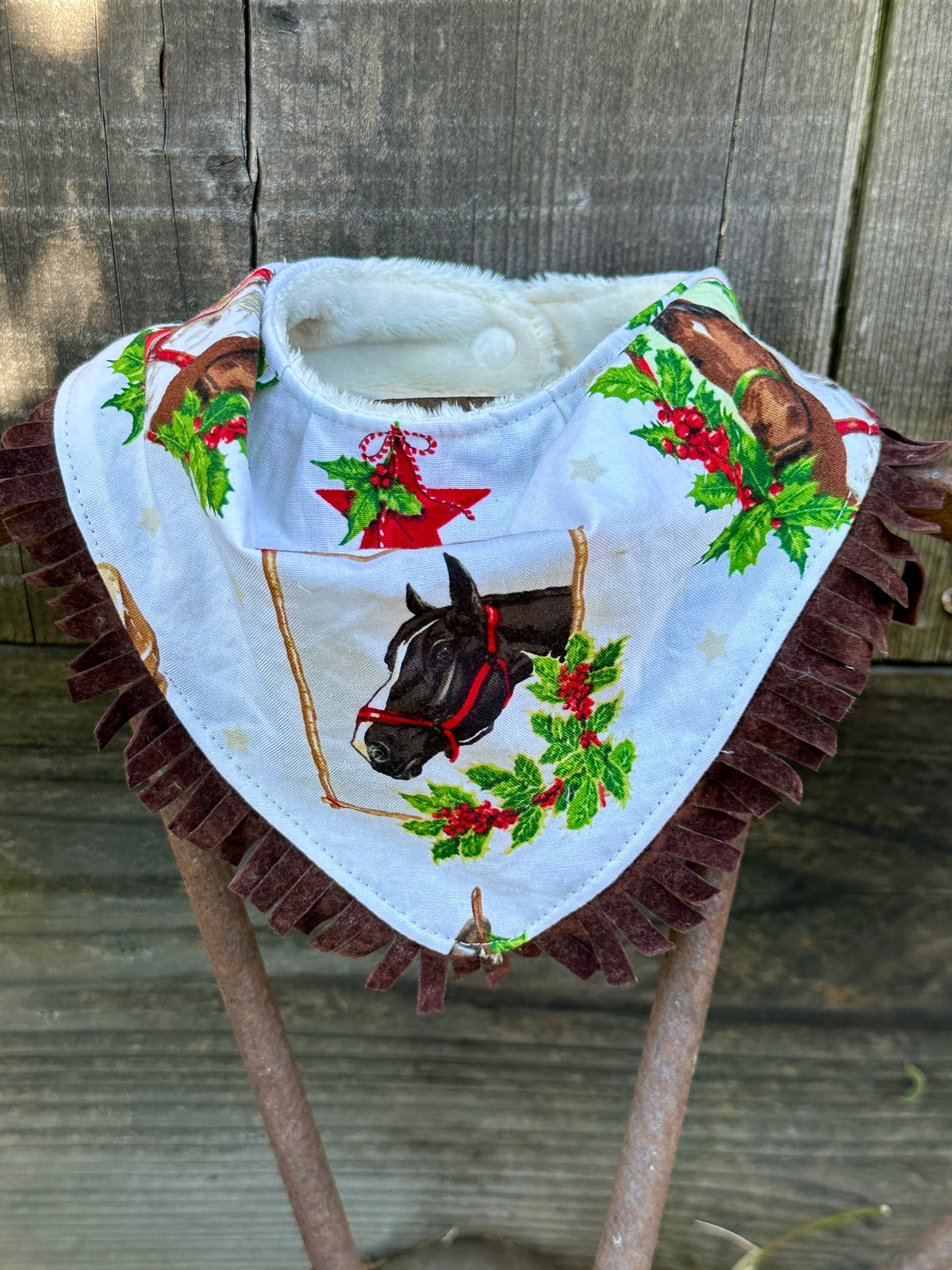 Cream Holly Horses Christmas Bib