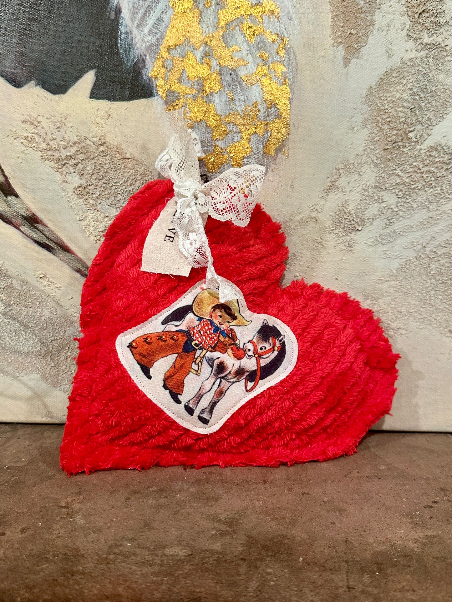 RED Chenille Plushie Cowboy Heart #1