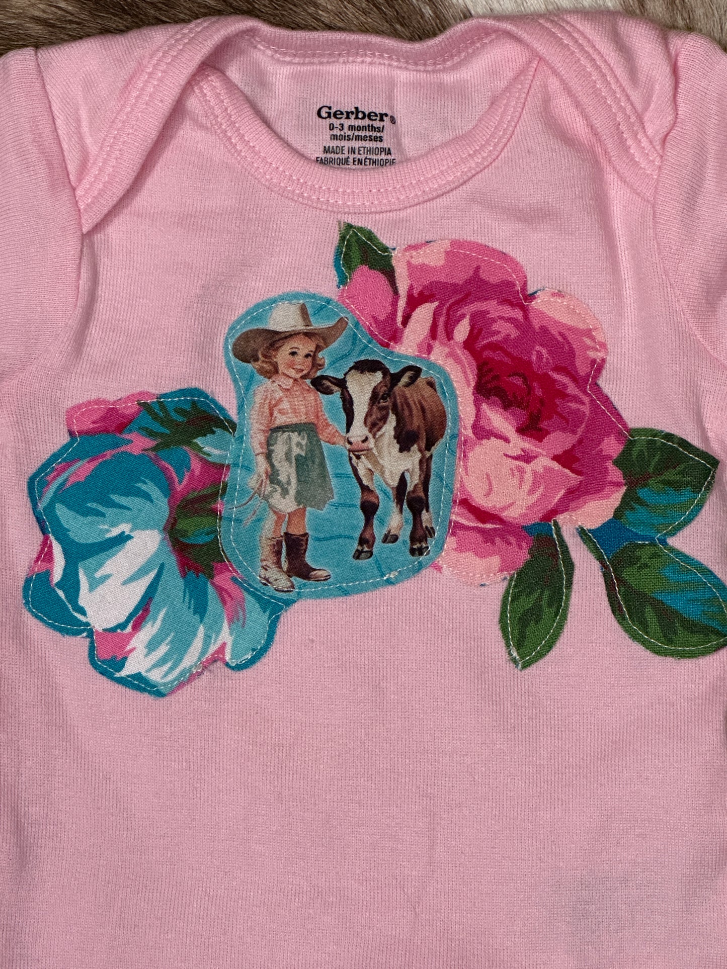 Retro Cowgirl & Roses on Light Pink Onesie, Size 0-3 mons.