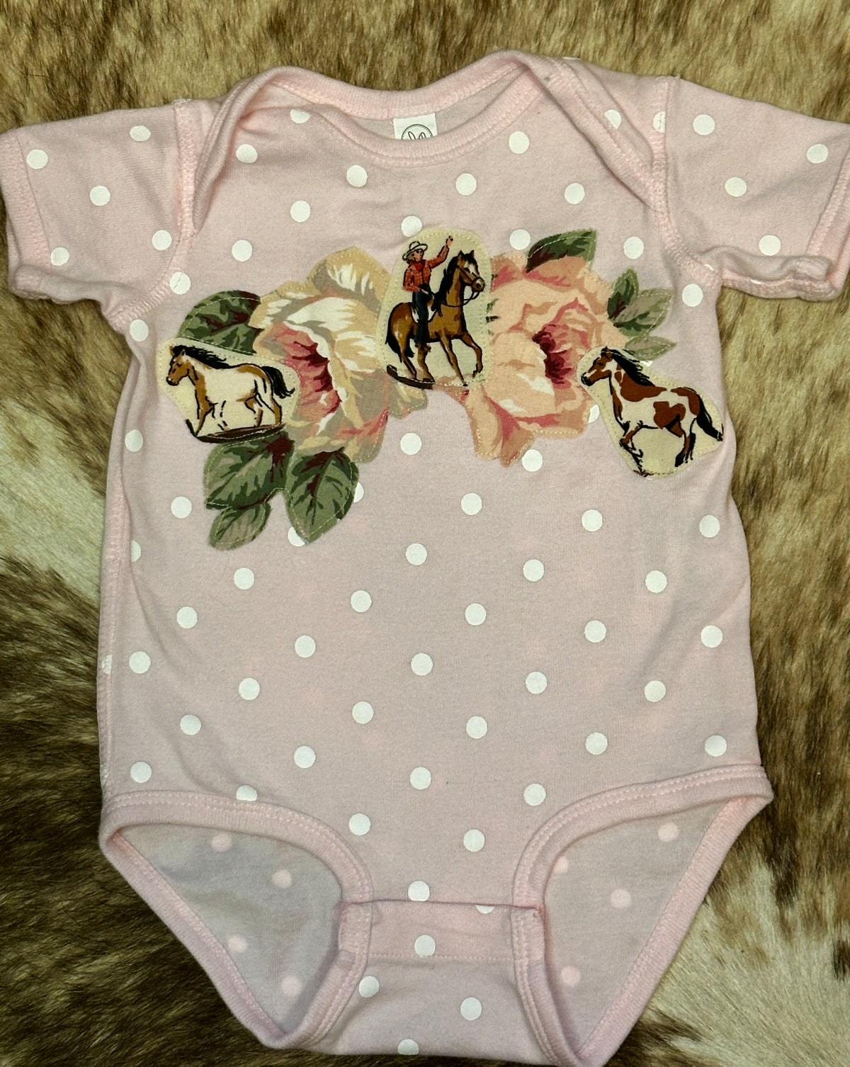 Cowgirl & Horses on Pink Polka Dot Onesie, Size 12 mons.