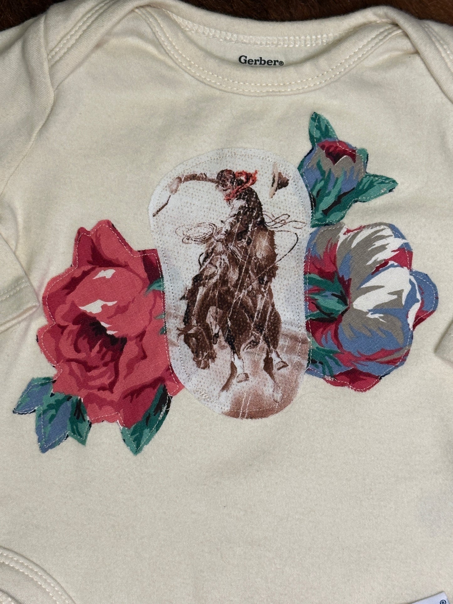 Vintage Bronc and Roses on Long Sleeve Cream Onesie, Size 0-3 mons.