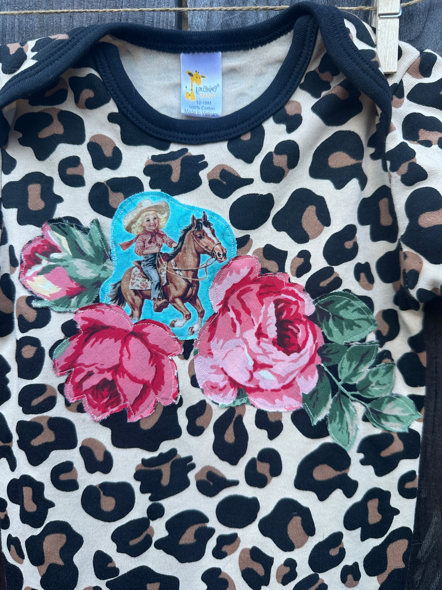 Leopard Cowgirl and Roses Onesie, Size 12-18 mons.