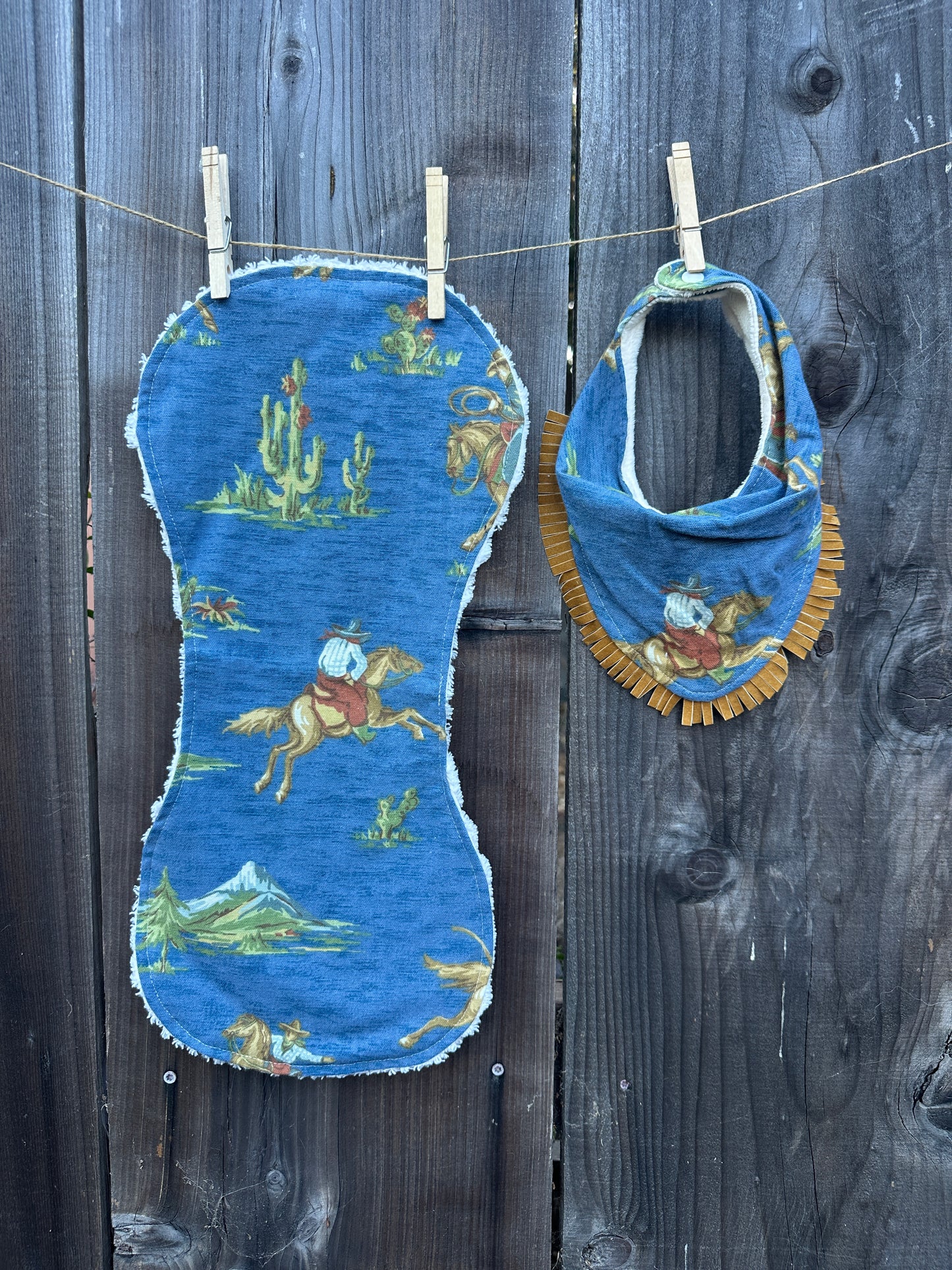 Blue Old West Cowboy Bib & Burp Cloth Set