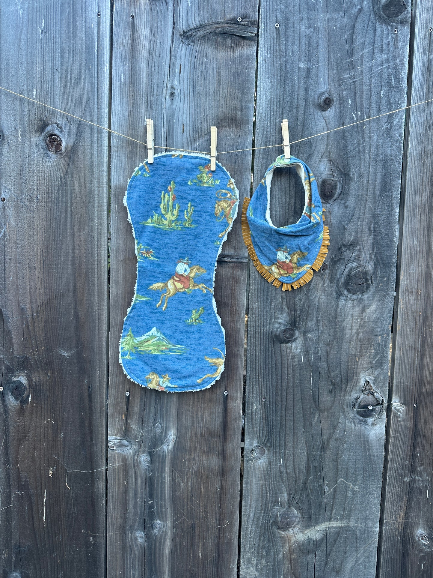 Blue Old West Cowboy Bib & Burp Cloth Set