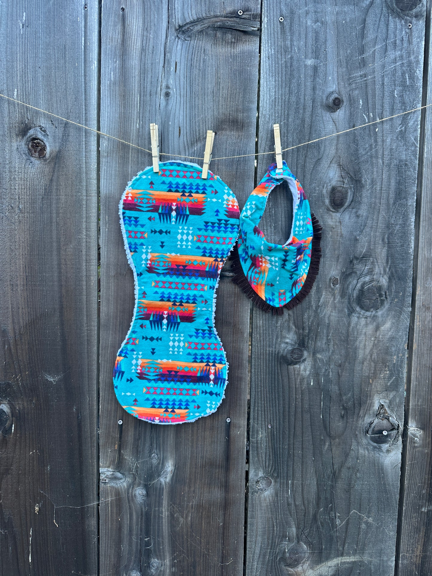 Turquoise Flannel Aztec Bib & Burp Cloth Set