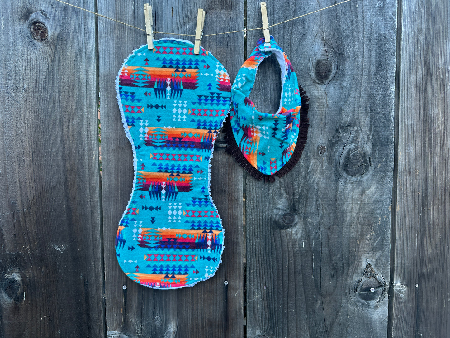 Turquoise Flannel Aztec Bib & Burp Cloth Set