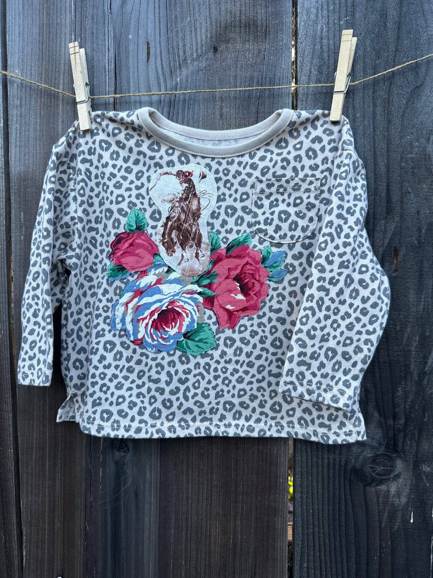 Bronc & Roses Long Sleeve Leopard Tee, Size 18 mons.