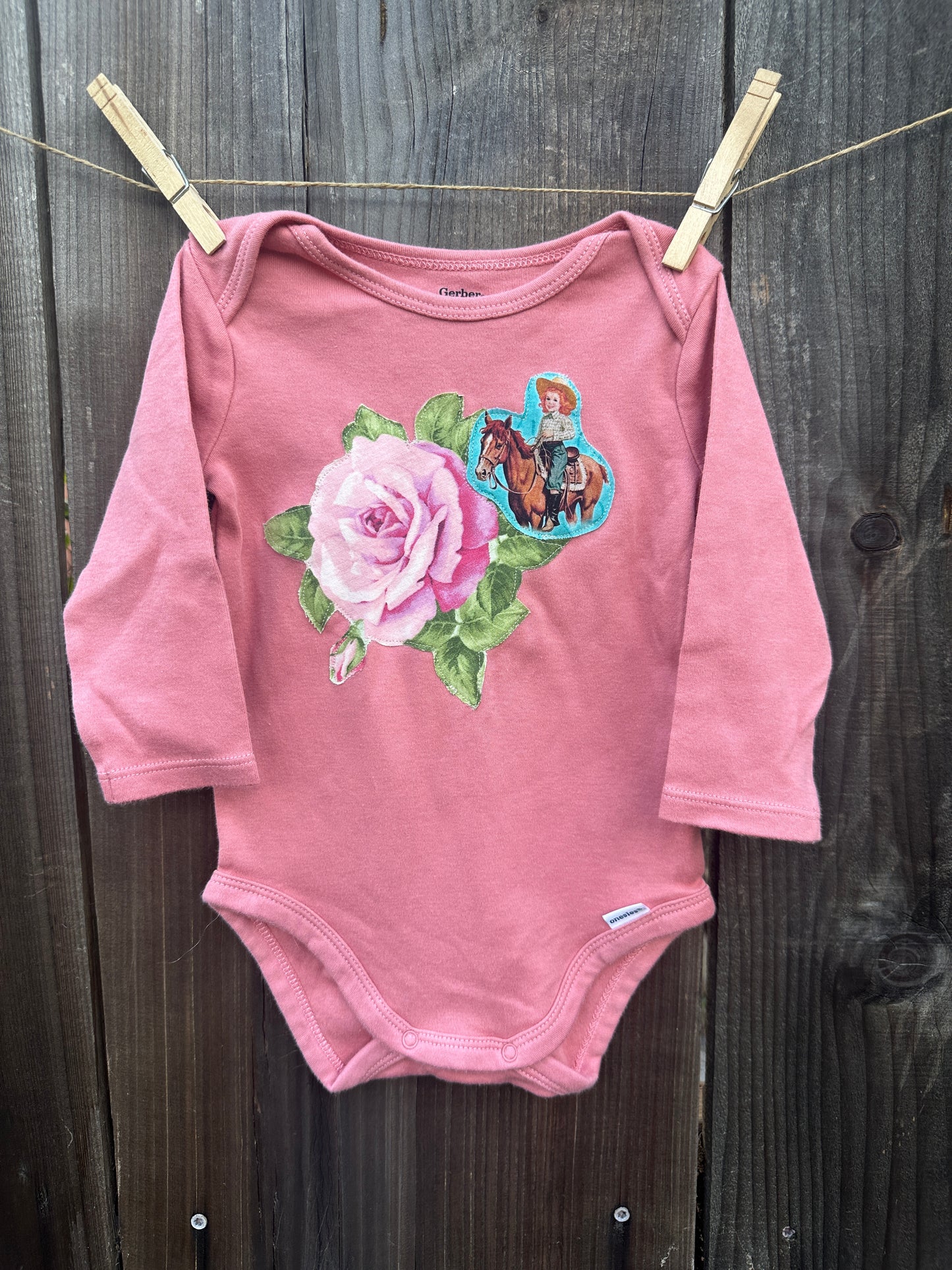 Turquoise Cowgirl & Rose on Pink, Size 3-6 mons.