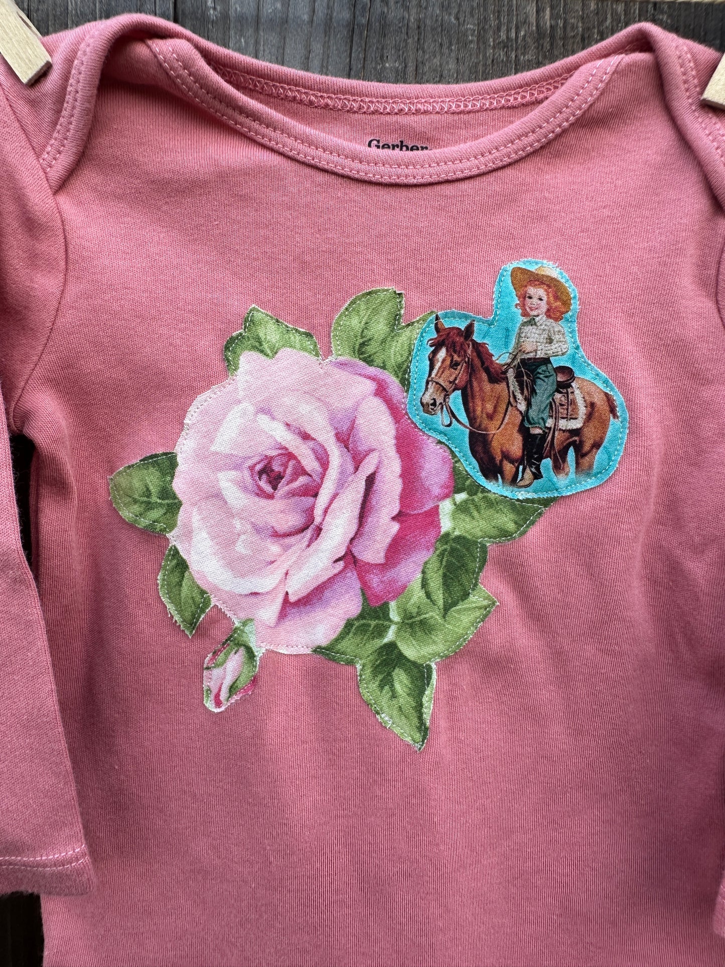 Turquoise Cowgirl & Rose on Pink, Size 3-6 mons.