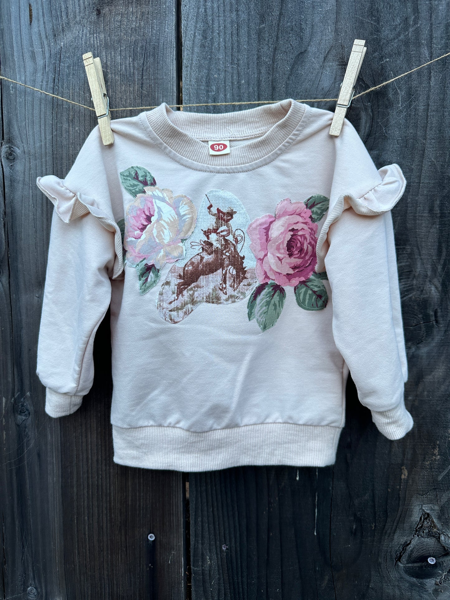 Ruffle Sleeve Pastel Bronc & Roses, Size 90 = 2T