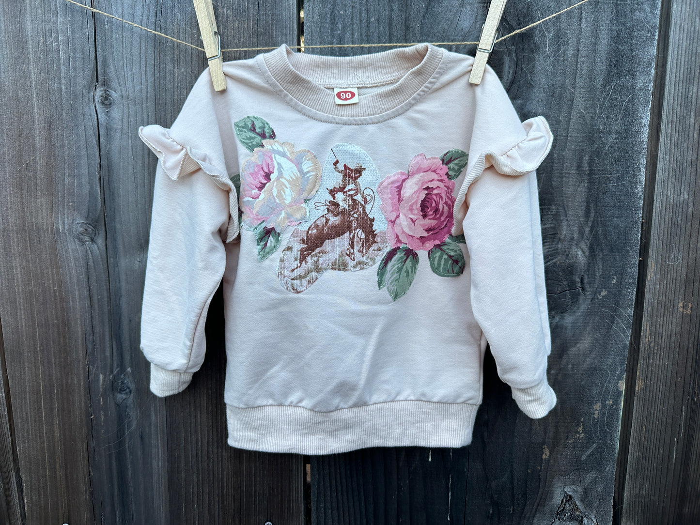 Ruffle Sleeve Pastel Bronc & Roses, Size 90 = 2T