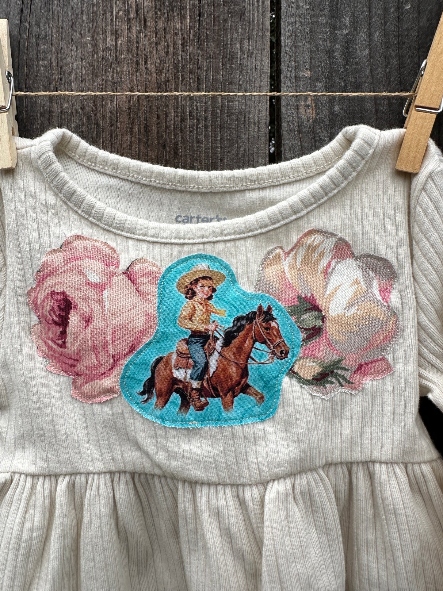 Turquoise Cowgirl with Pastel Roses on White Peplum, Size 24 mons.