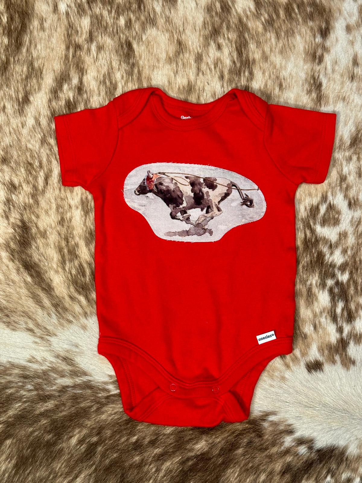 Red Roping Steer Onesie, Size 3-6 mons.