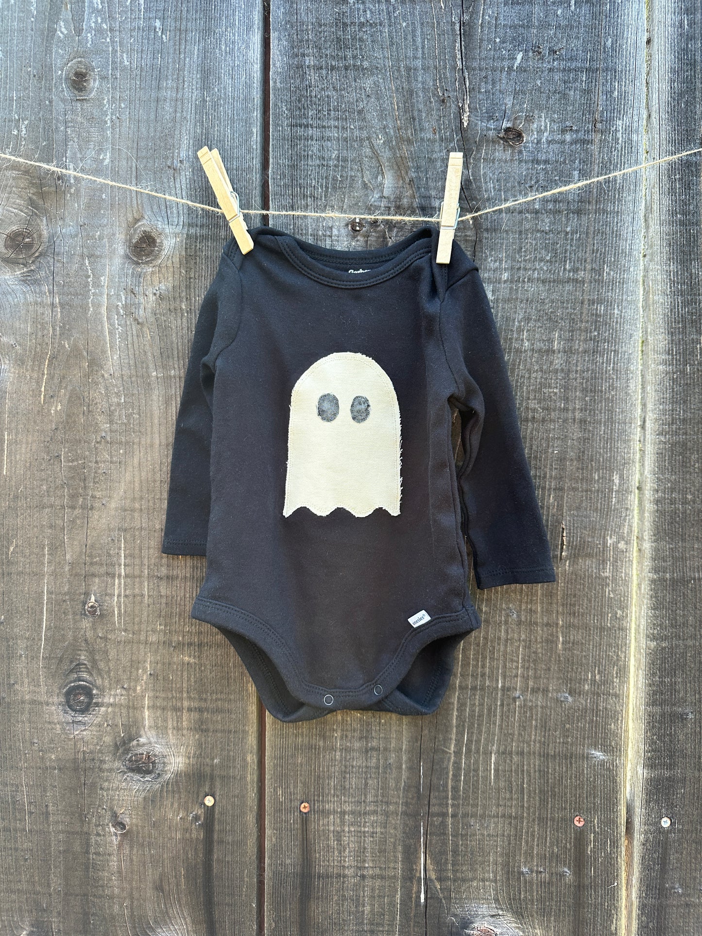 Friendly Ghost Black Onesie with Long Sleeves, Size 6-9 mons.
