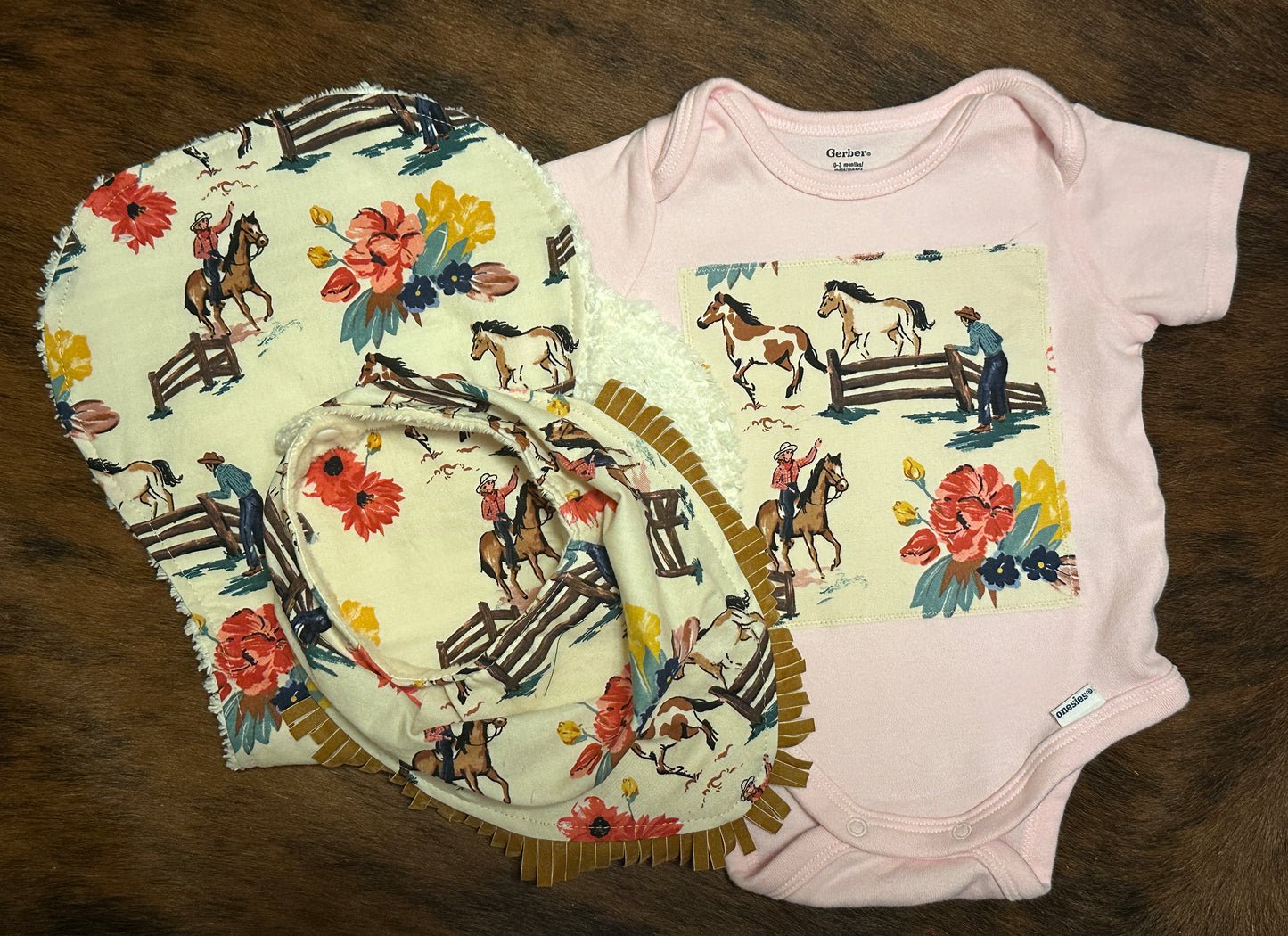 Floral Cowgirl Burp Cloth, Bib & Light Pink Onesie, Size 0-3 mons. Gift Bundle