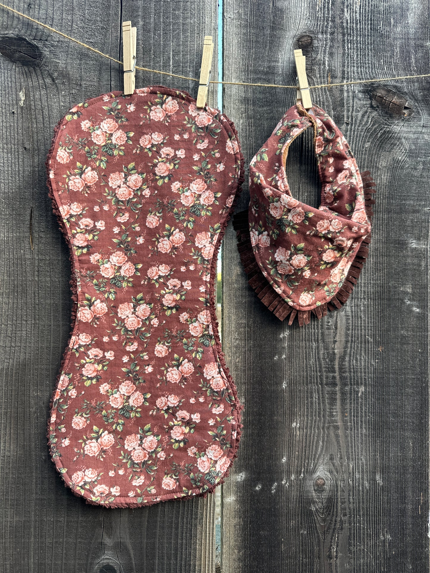 Romantic Pink Roses on Brown Bib & Burp Cloth Set