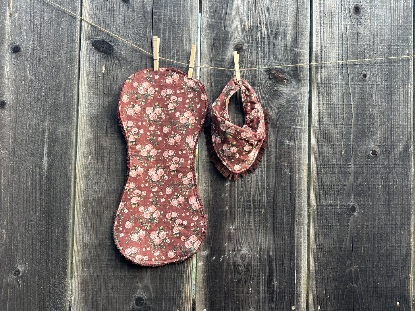 Romantic Pink Roses on Brown Bib & Burp Cloth Set