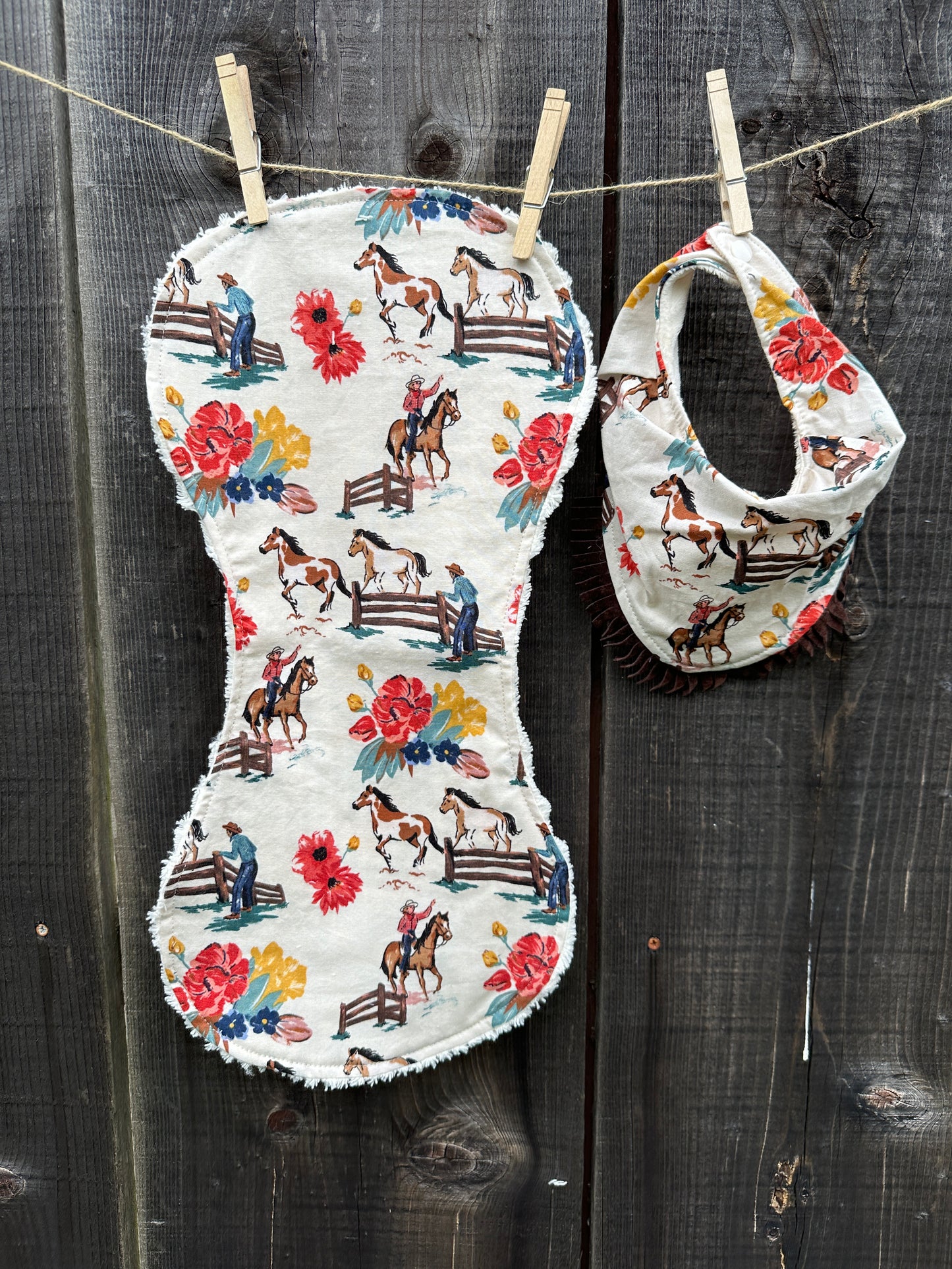 Floral Cowgirl with Horses in White Bib & Burp Cloth Set