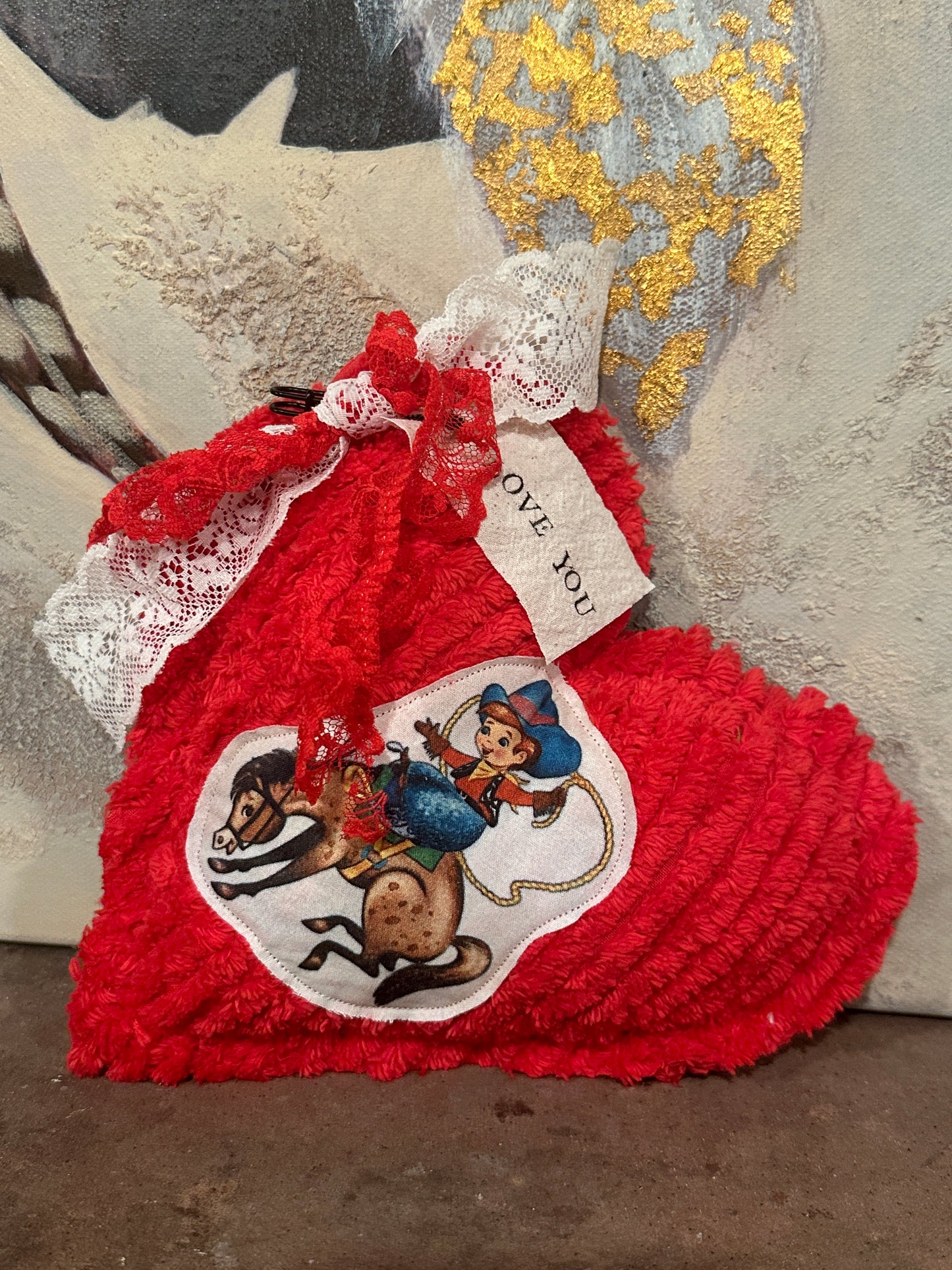 RED Chenille Plushie Cowboy Heart #4