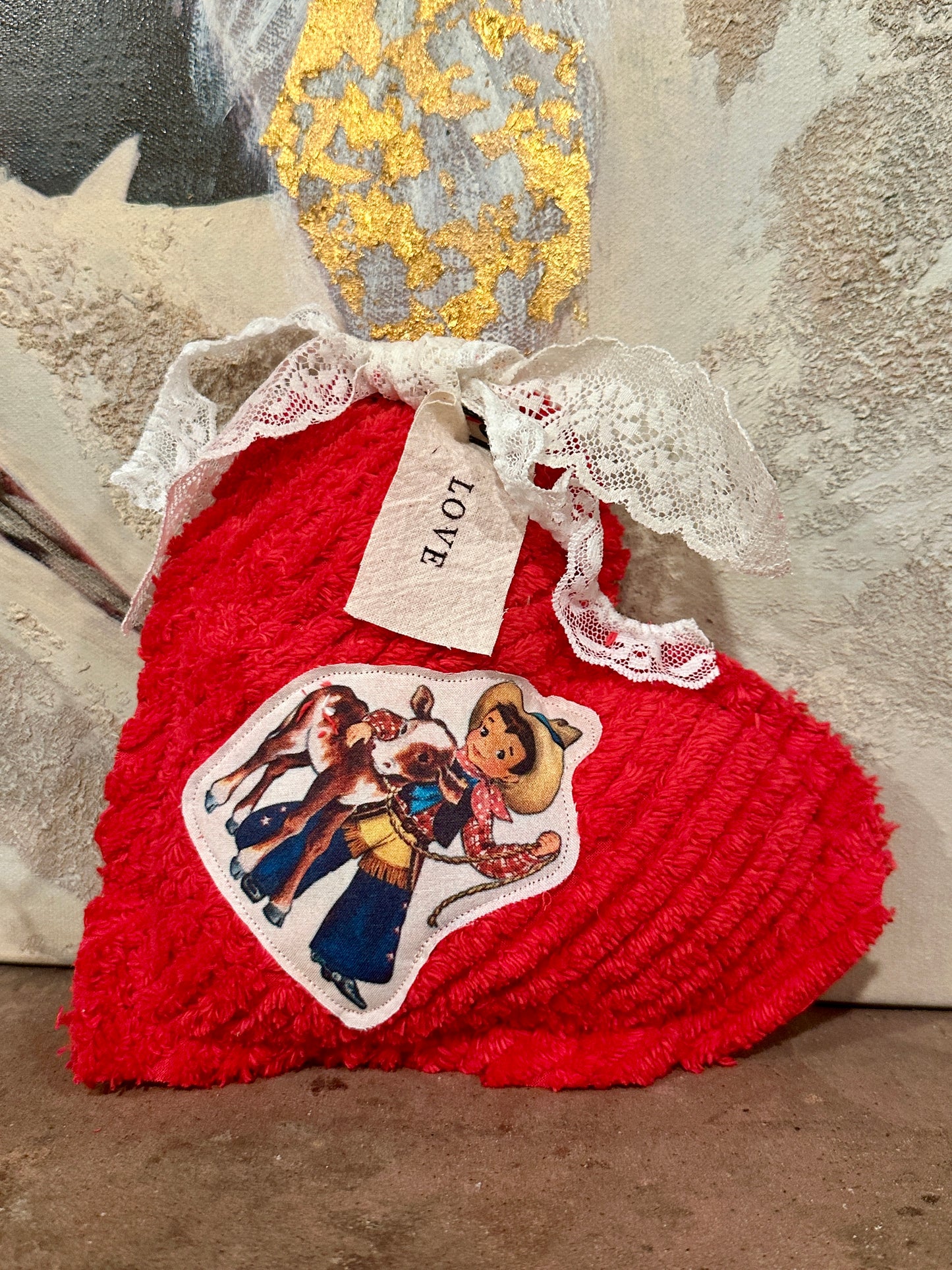 RED Chenille Plushie Cowboy Heart #2