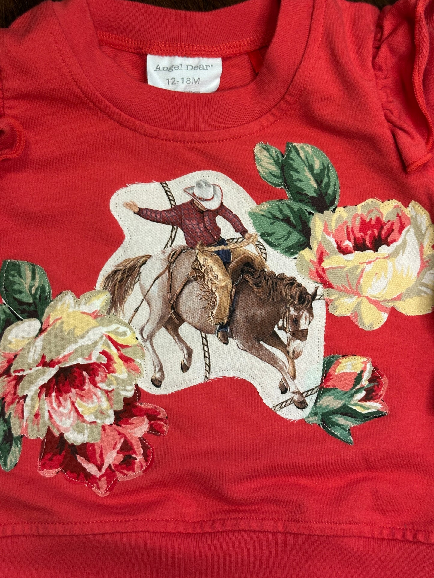 Ruffle Shoulder Sweatshirt with Bronc and Roses, Size 12-18 mons.